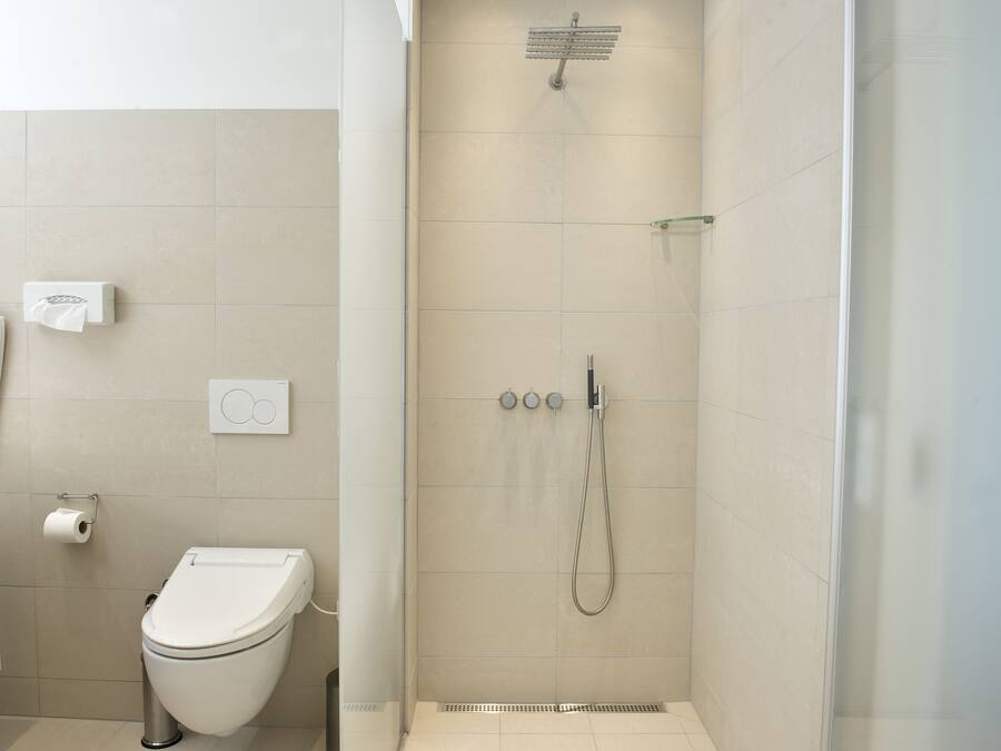 A modern bathroom with a toilet, a shower with a handheld showerhead, and a towel dispenser.