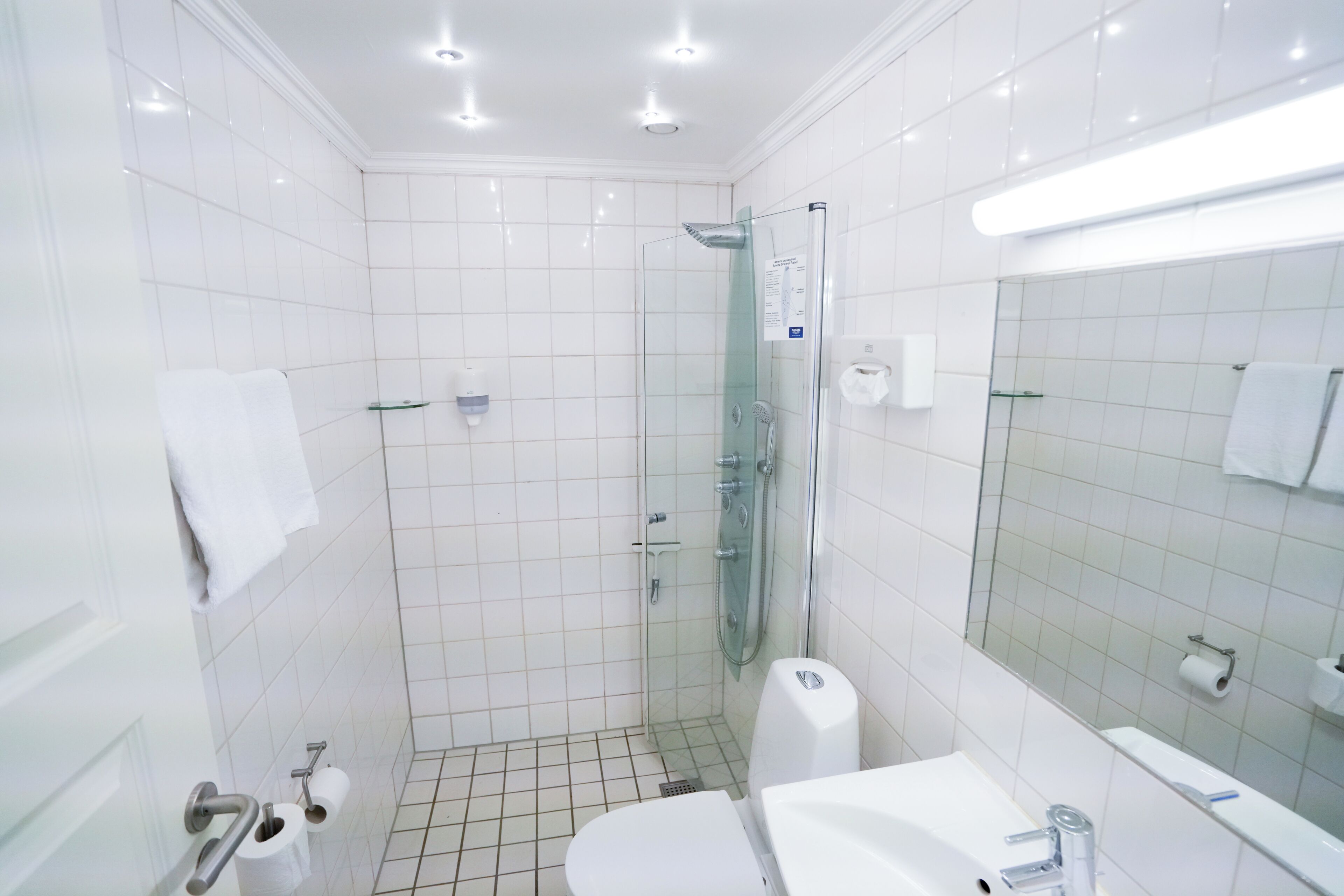 A modern bathroom with a glass-enclosed shower, white tiles, a toilet, and a sink with a mirror.