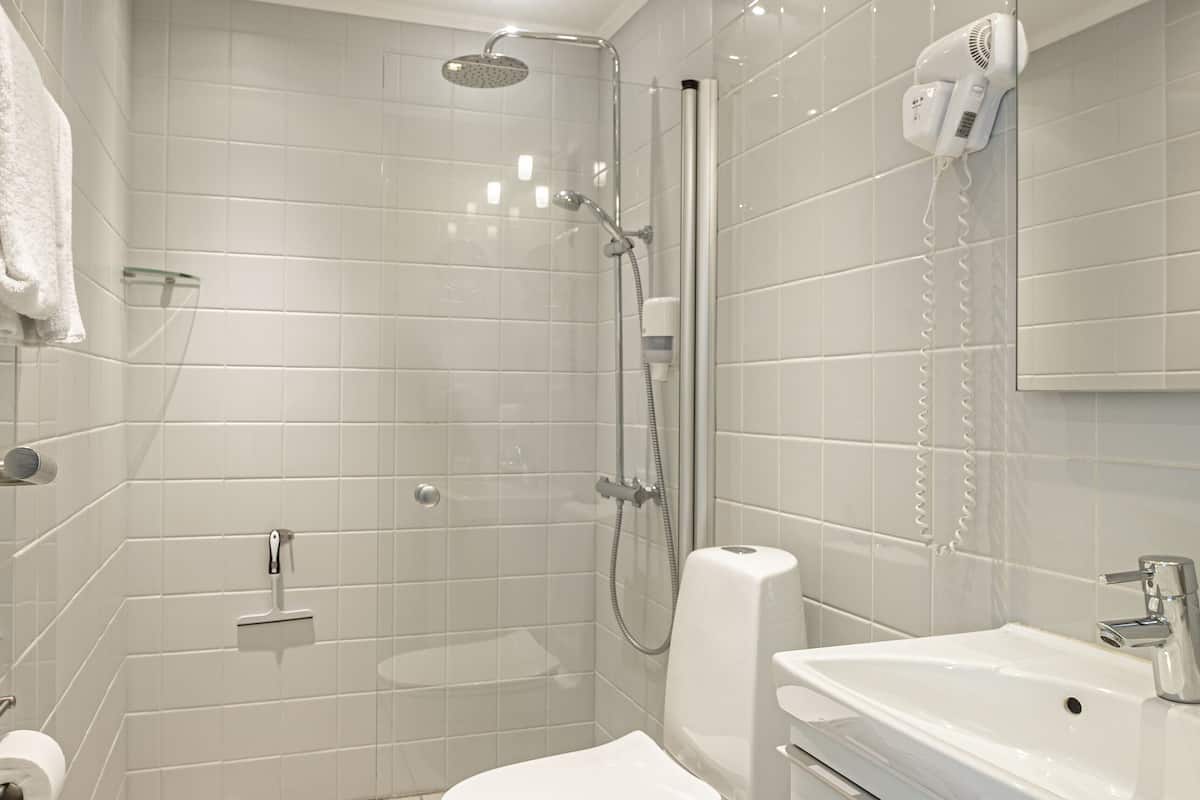 standard double room, lake view | bathroom | shower, hair dryer, towels