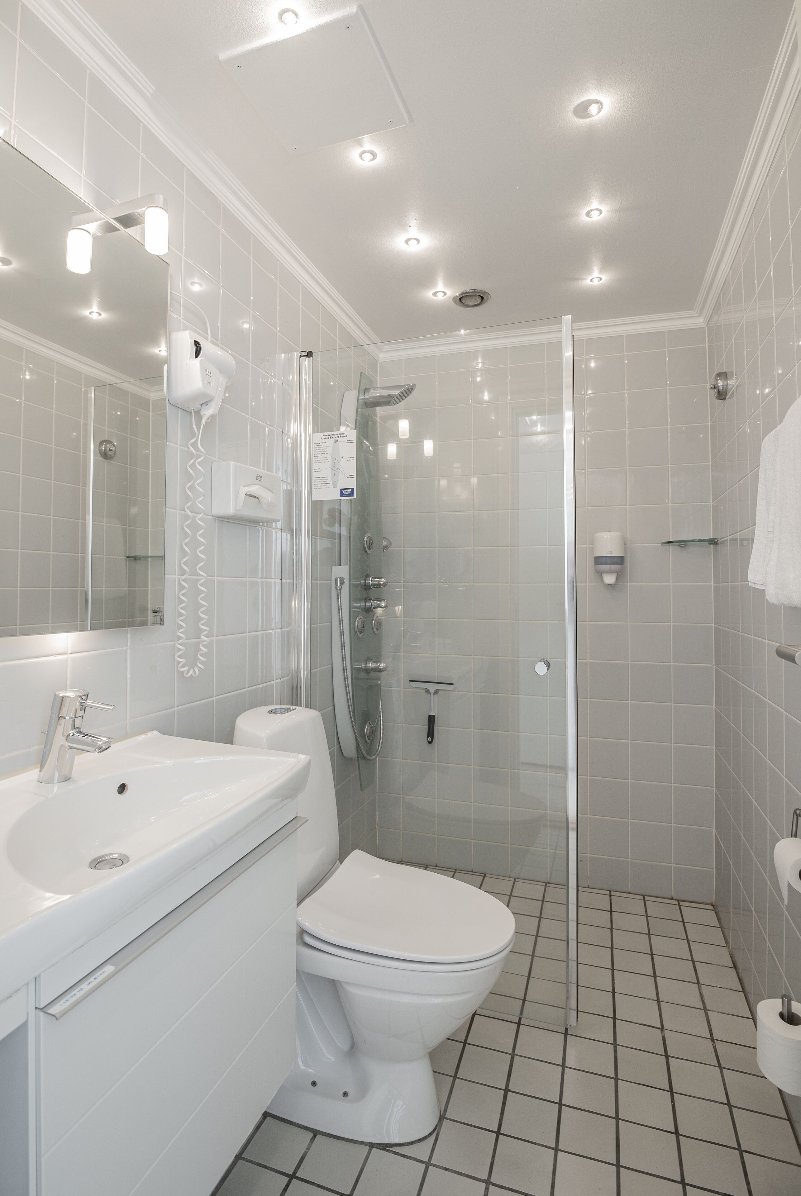 A modern bathroom with a glass-enclosed shower, a white sink, and a toilet.