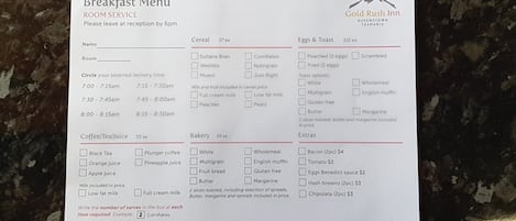 A breakfast menu at Gold Rush Inn, Queenstown, Tasmania.