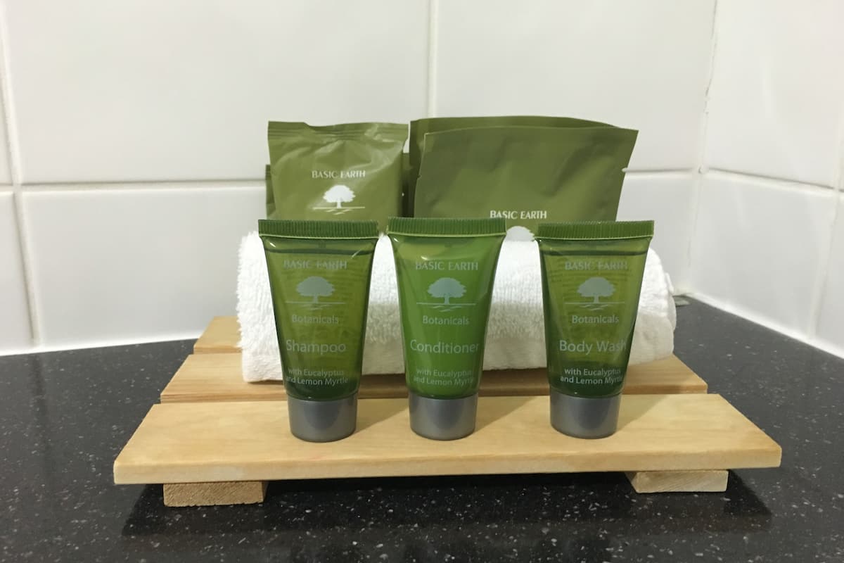 free toiletries, hair dryer, towels