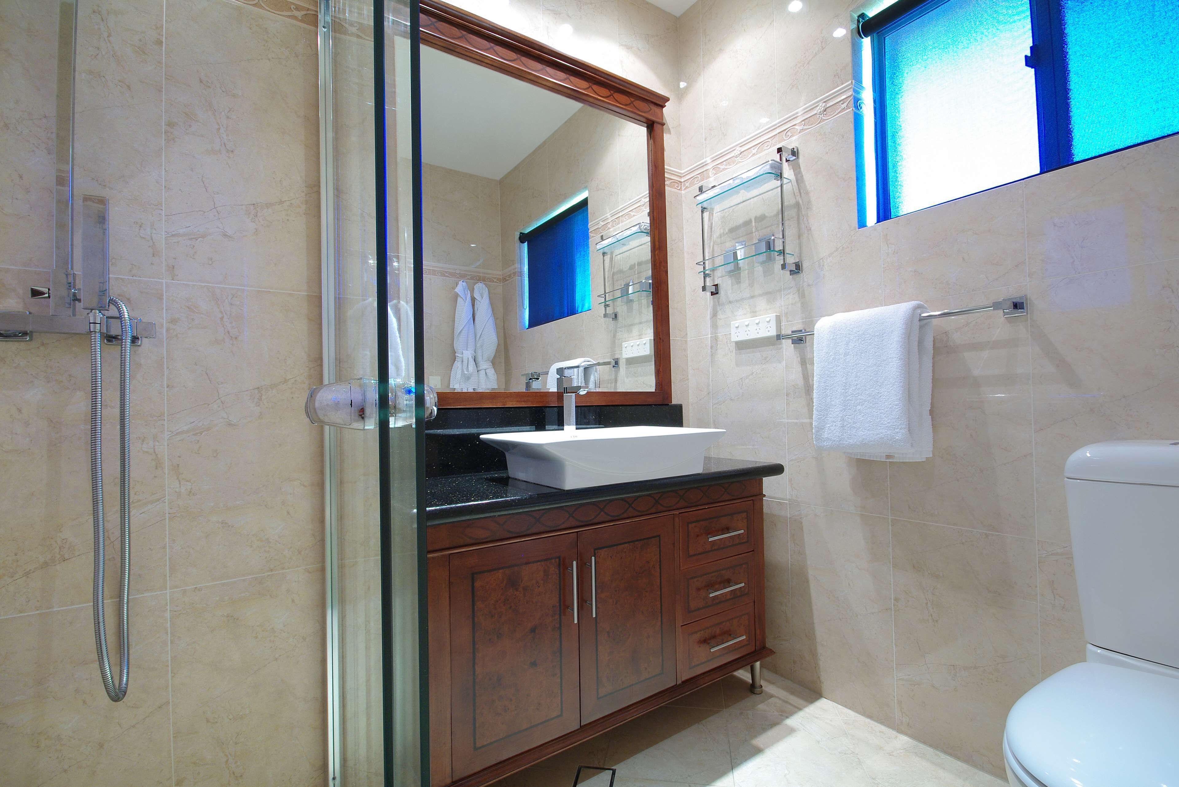 Eco-friendly toiletries, hair dryer, towels, soap