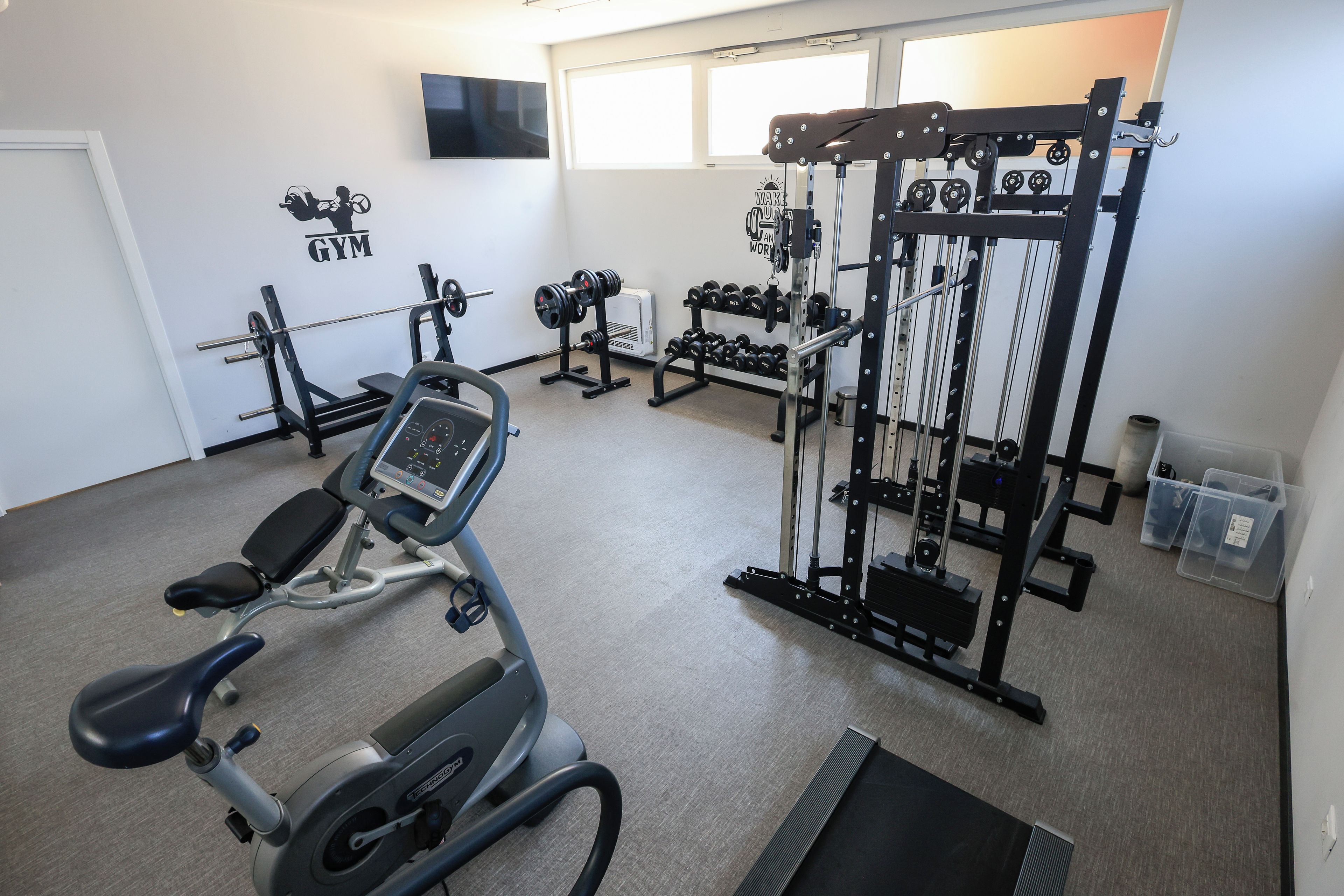 Una palestra con attrezzature per cardiofitness, macchinari per pesi e un televisore appeso al muro.