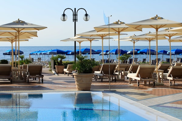 Outdoor pool, pool umbrellas, pool loungers