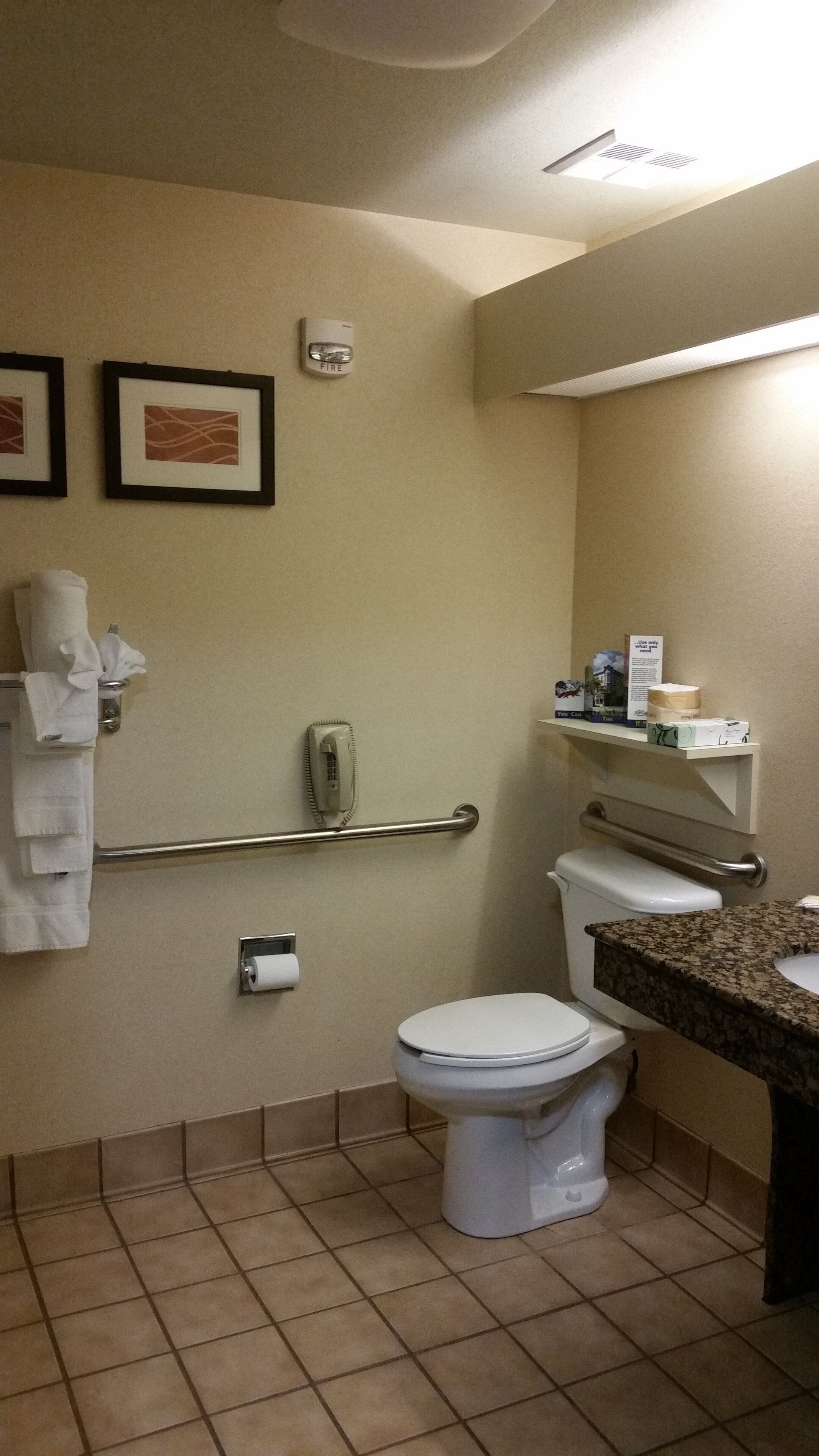A bathroom with a toilet, handrails, a towel dispenser, a fire alarm, and a sink with a countertop.