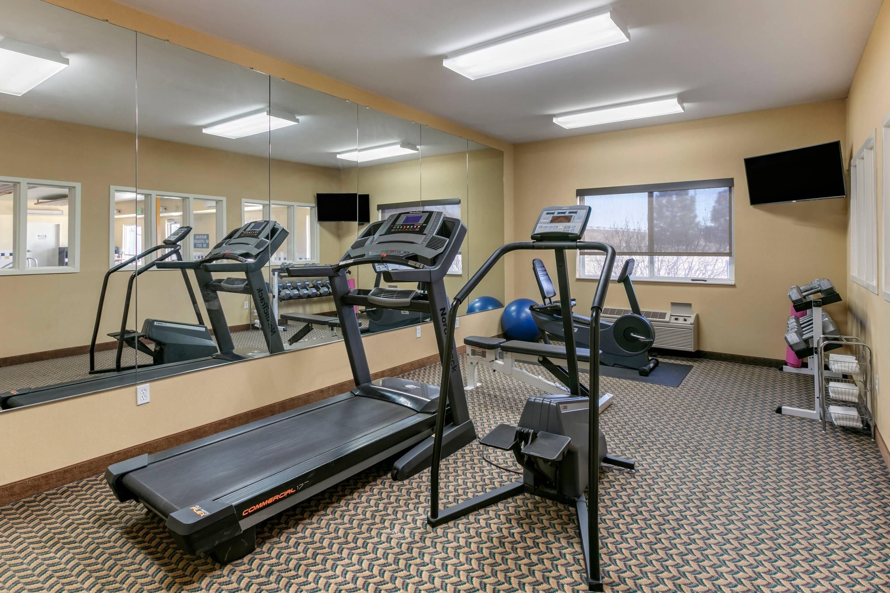 A gym with treadmills, exercise balls, and a mirrored wall.