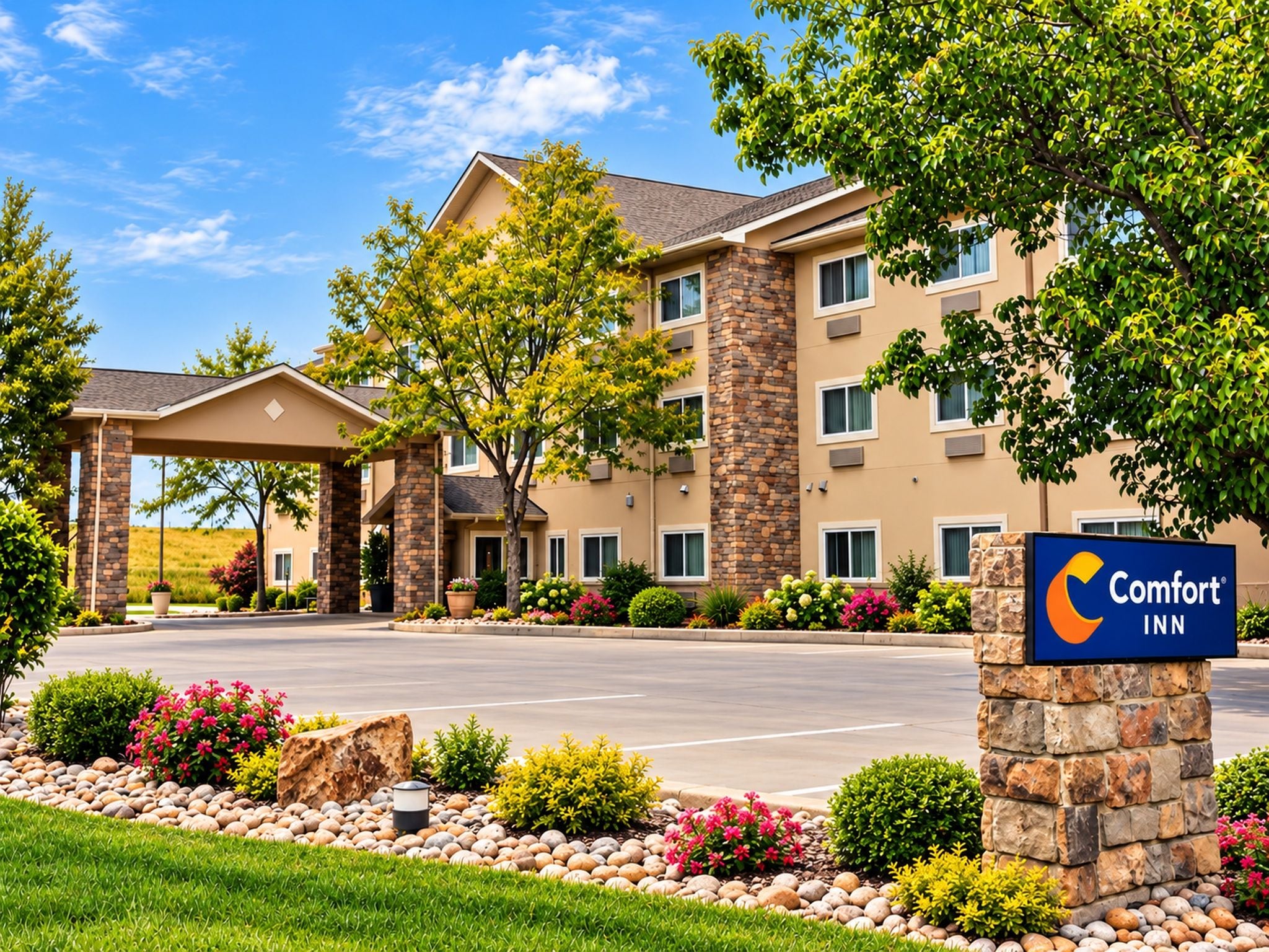 Un hôtel Comfort Inn doté d’une entrée couverte, de nombreuses fenêtres et d’un jardin paysager à l’avant, agrémenté de rochers et de fleurs.
