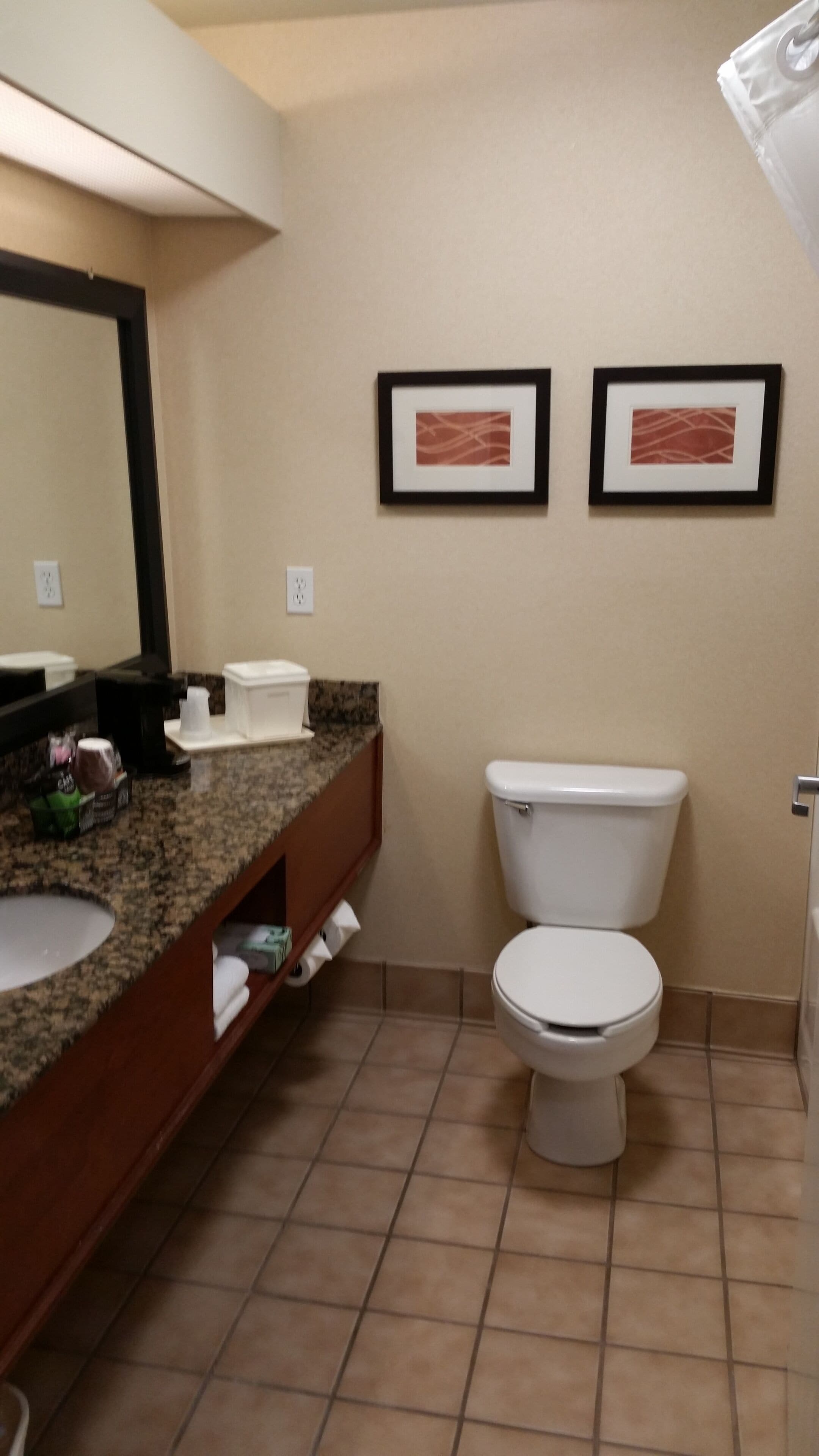 A bathroom with a sink, mirror, toilet, and two framed pictures on the wall.