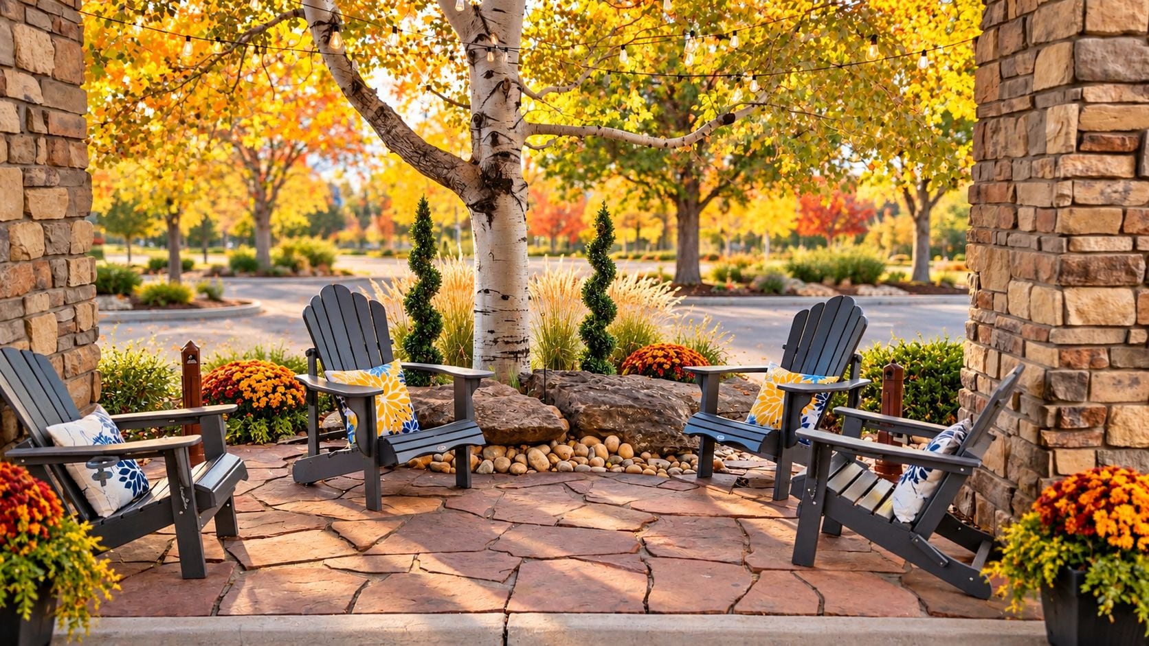 A patio with Adirondack chairs, a stone wall, and a tree with autumn leaves.