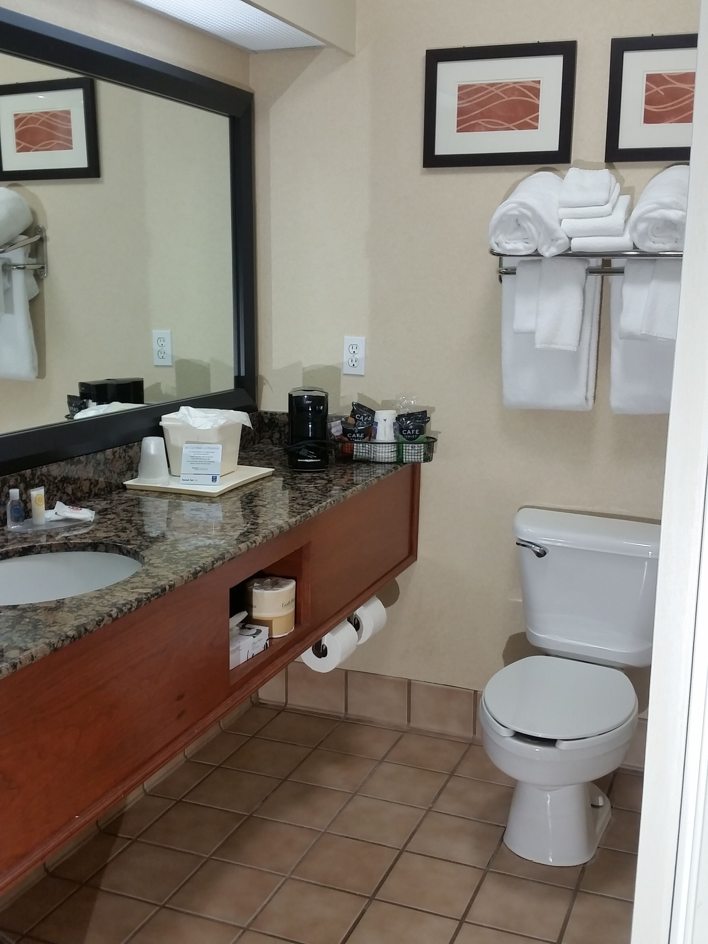 A bathroom with two sinks, a coffee maker, toiletries, and a toilet.