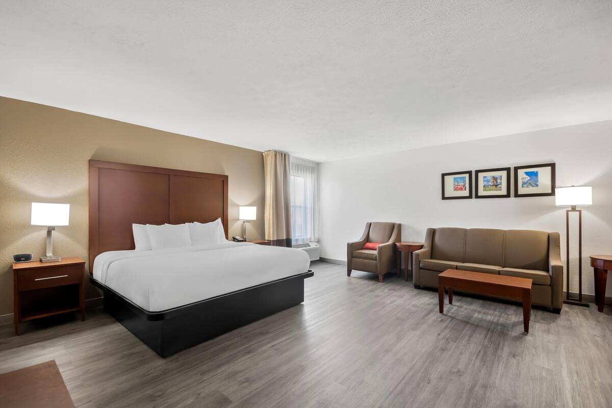 A hotel room with a large bed, a sofa, a chair, a nightstand, a lamp, and a picture frame on the wall.
