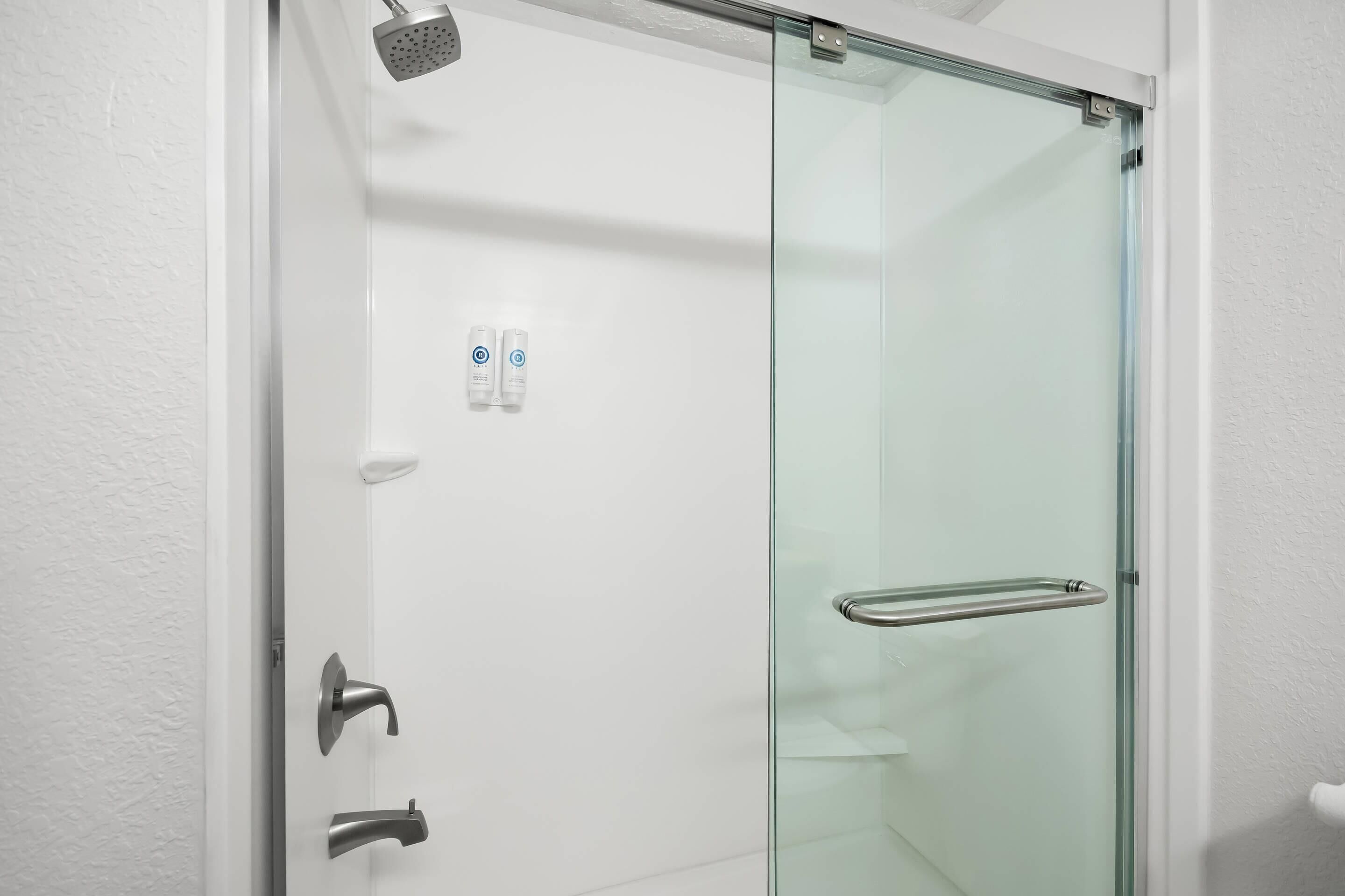 A modern shower with a glass door, a handheld showerhead, and a handheld faucet.
