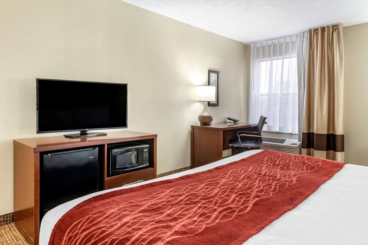 A hotel room with a bed, a TV, a desk with a lamp, a microwave, and a laptop.