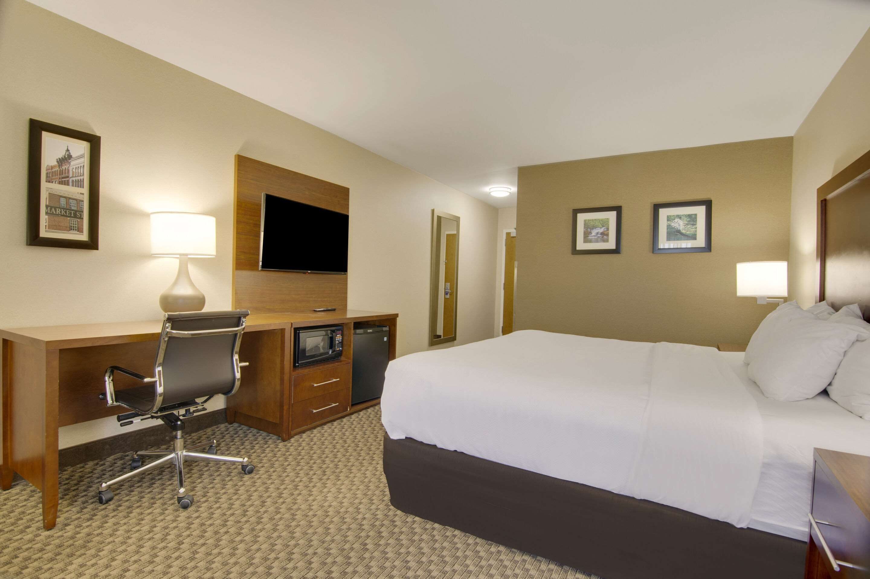 Una habitación de hotel con cama, escritorio, silla, televisor y dos cuadros en la pared.