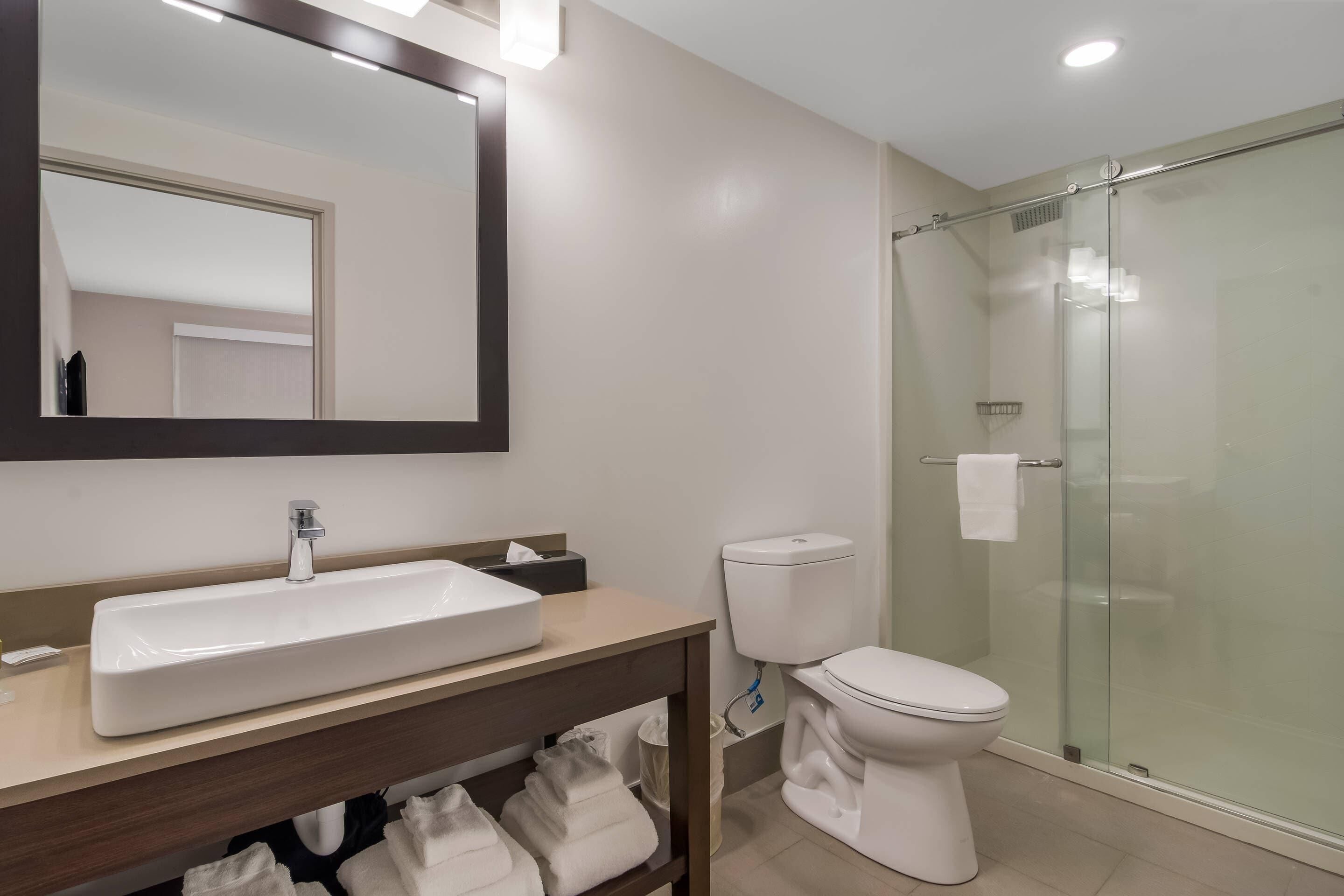 A modern bathroom with a large mirror, a sink, a toilet, and a glass shower enclosure.