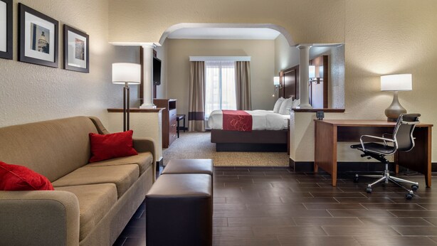 A hotel room with a sofa, a bed, a desk, a chair, and a mirror. - Comfort Suites Woodstock - Atlanta North (Woodstock)