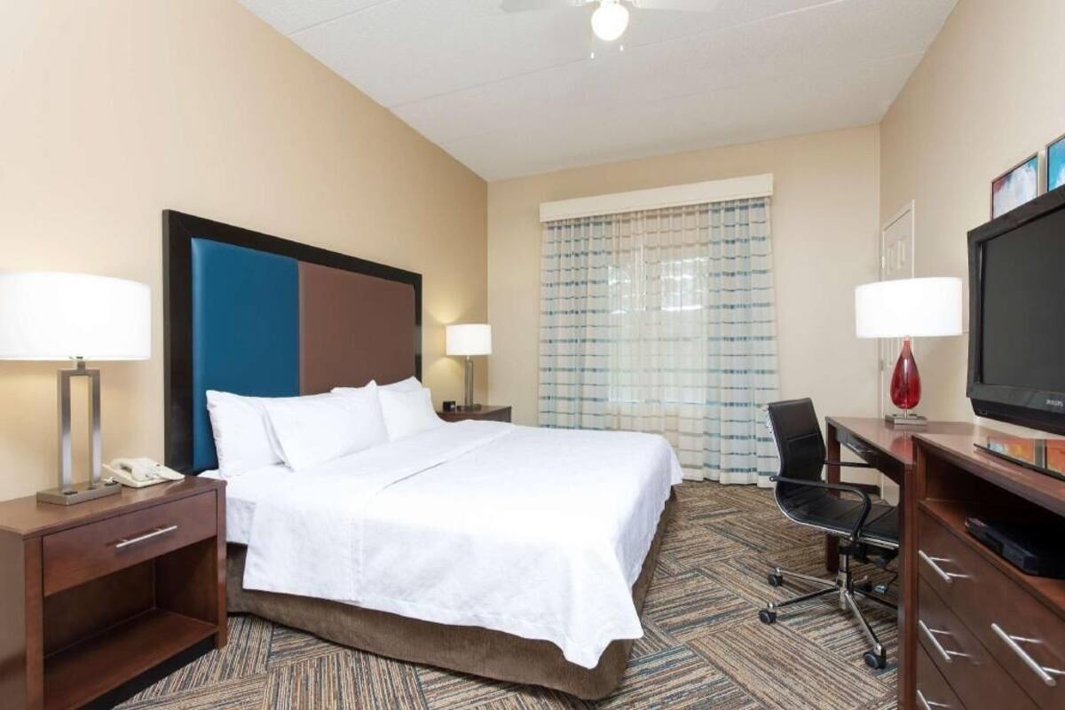 Une chambre d’hôtel comprenant un lit, deux tables de chevet, un bureau avec une chaise, une télévision et une fenêtre avec des rideaux.