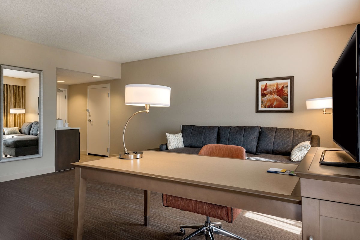 A hotel room with a desk, a sofa, a TV, and a lamp.