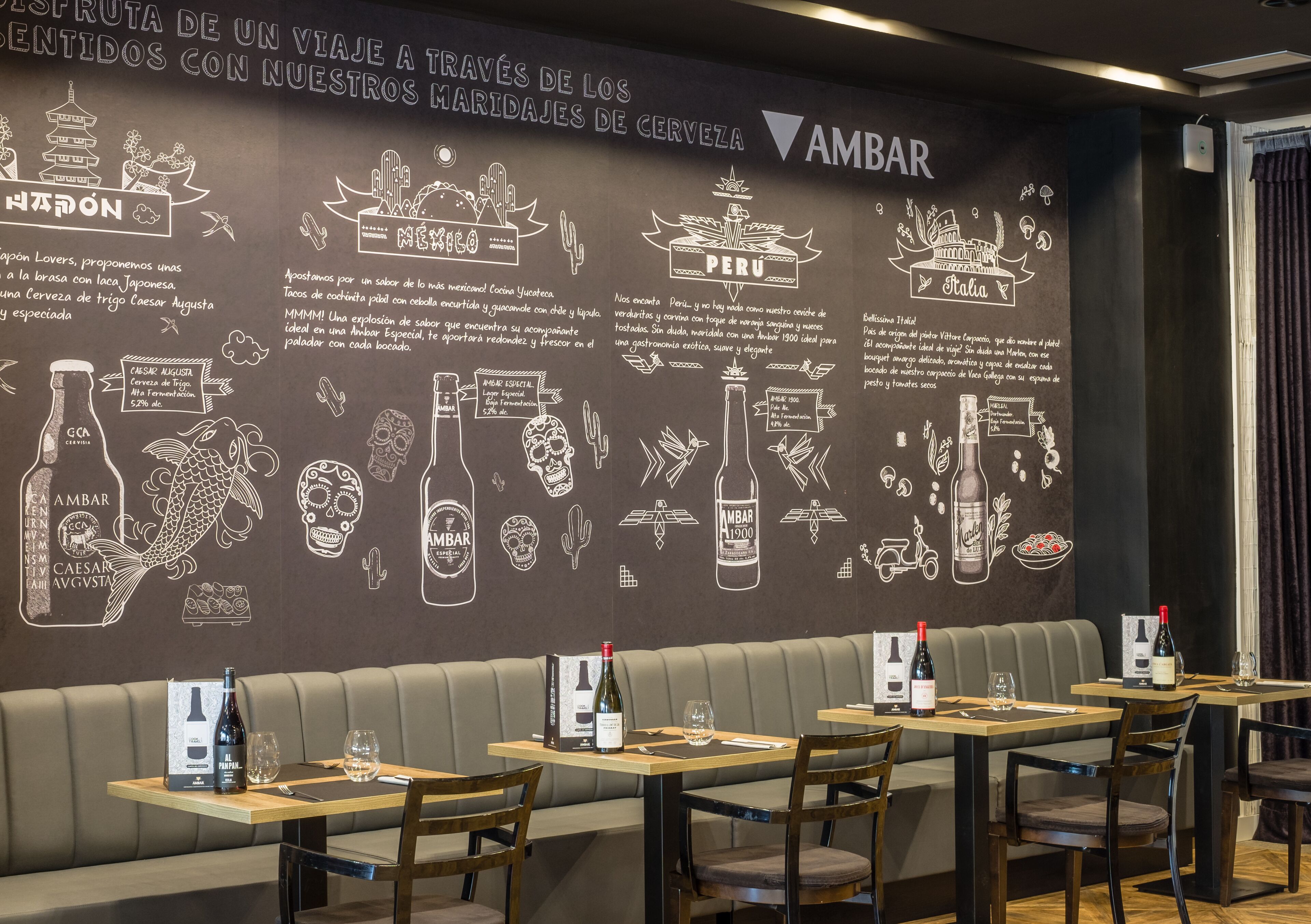 Interior de restaurante con un mural que representa varios países y sus bebidas típicas, mesas de madera y asientos acolchados.