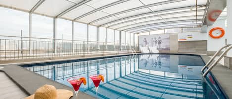 Indoor pool, outdoor pool, sun loungers