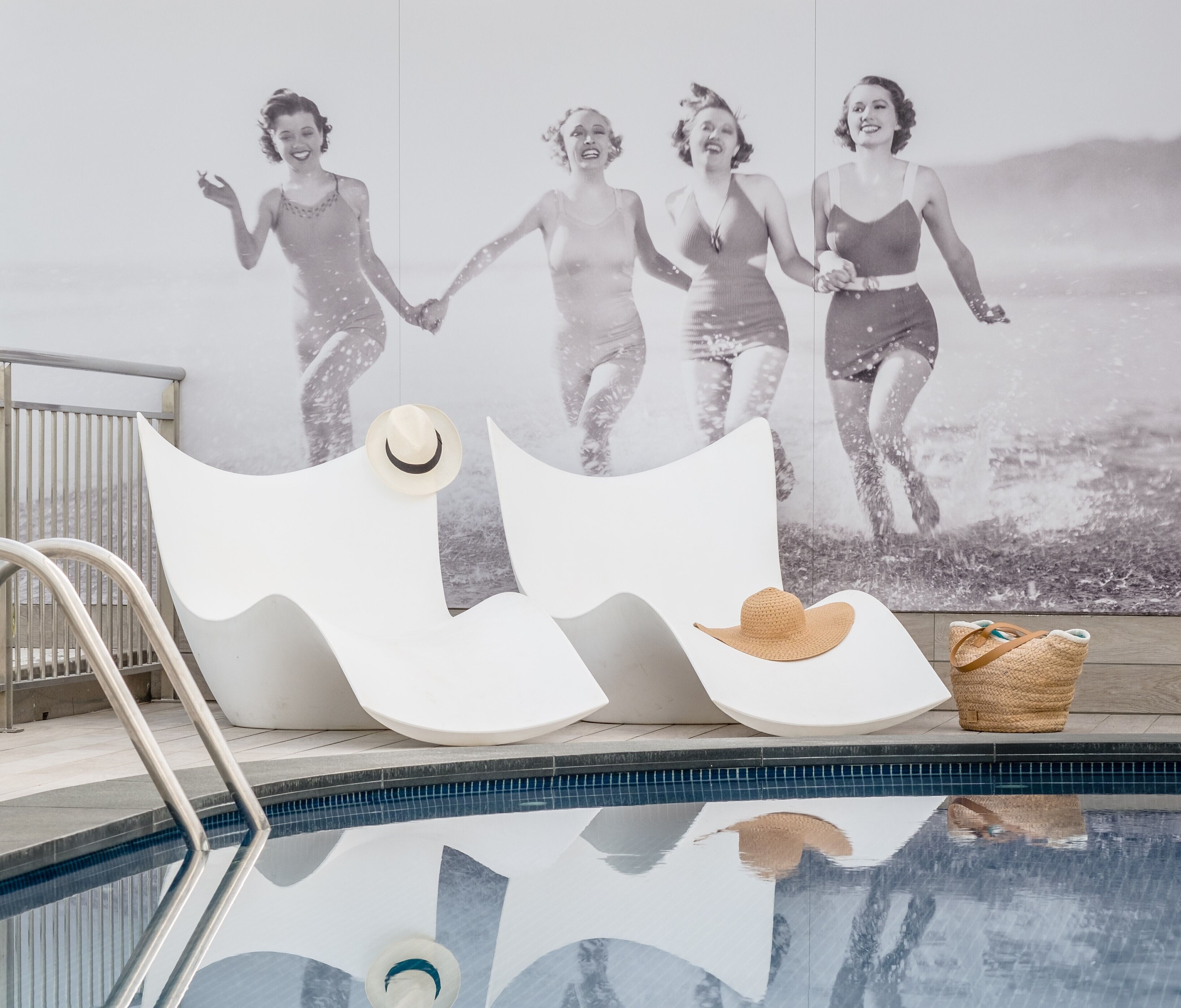 indoor pool, outdoor pool, pool loungers