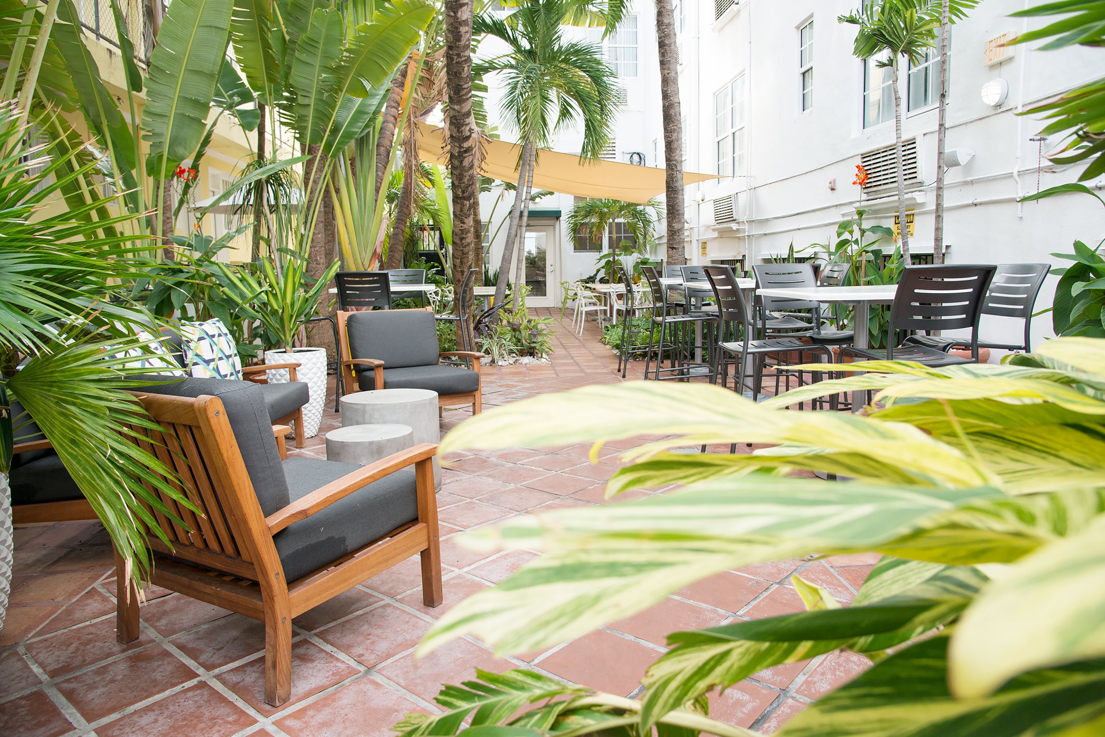 Un patio al aire libre con mobiliario de madera, piso de baldosas y diversas plantas.
