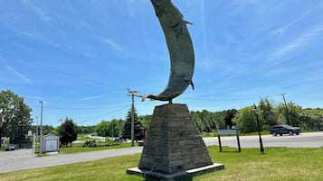 A sculpture of a fish on a stone pedestal in a grassy area with a road and trees in the background.