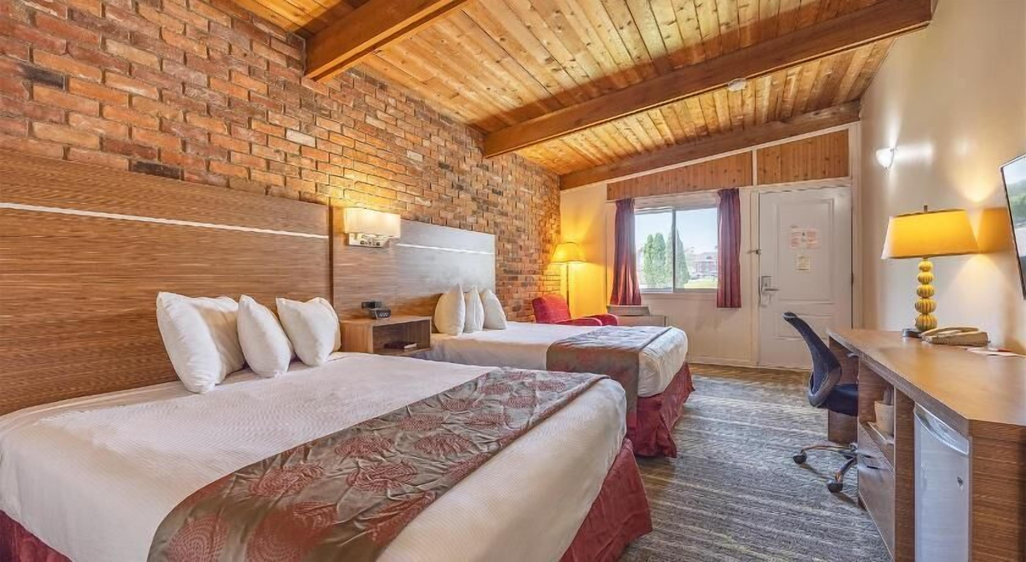 Premium bedding, desk, laptop workspace, blackout curtains