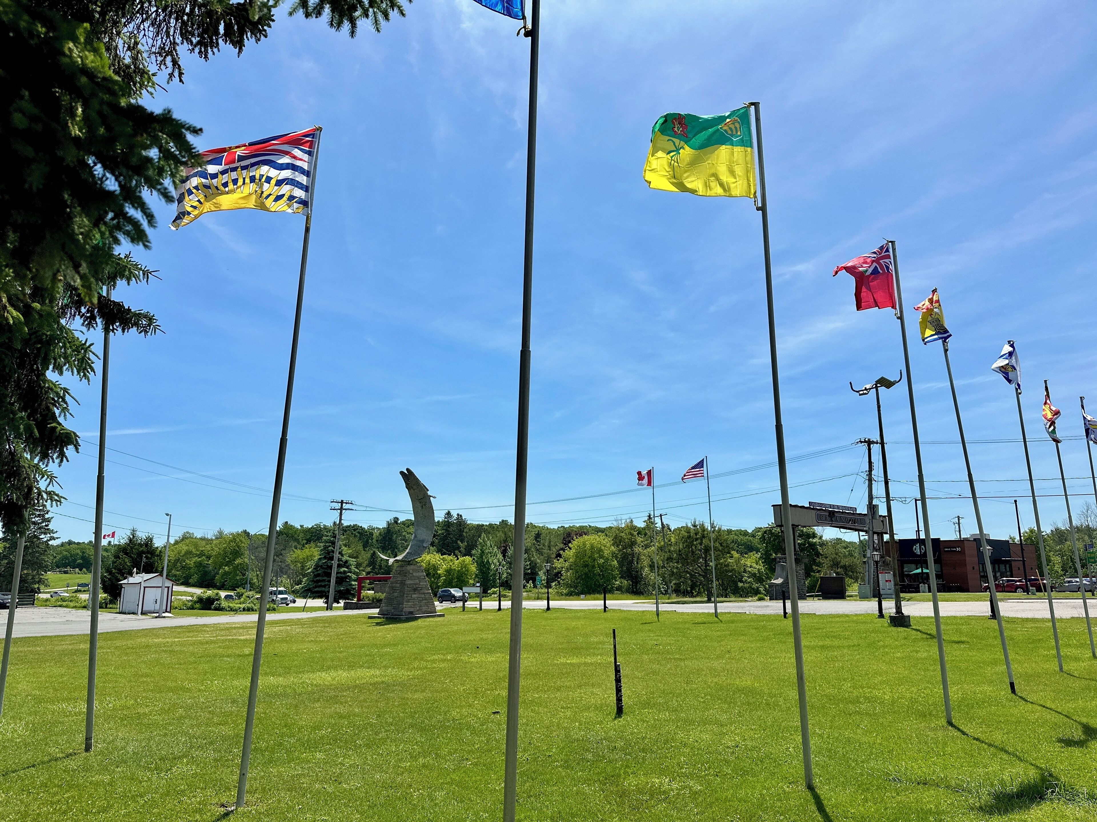 A grassy area with multiple flagpoles, each holding a different flag, including the Canadian and American flags.