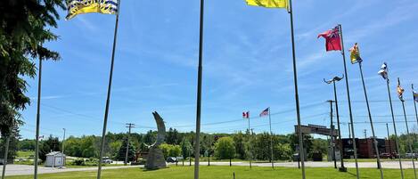 A grassy area with multiple flagpoles, each holding a different flag, including the Canadian and American flags.