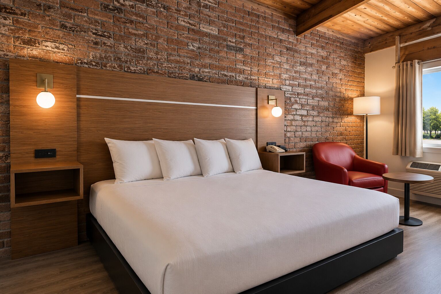Ein Hotelzimmer mit einem großen Bett, einem roten Sessel, einem Nachttisch und einer Lampe.