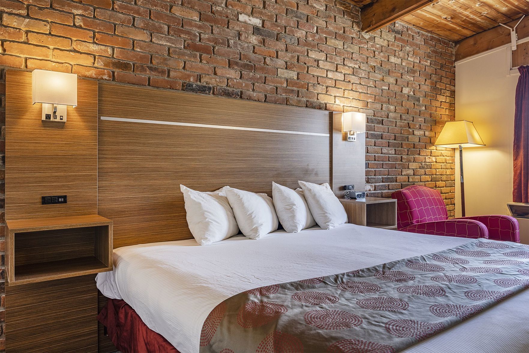 Premium bedding, desk, laptop workspace, blackout curtains