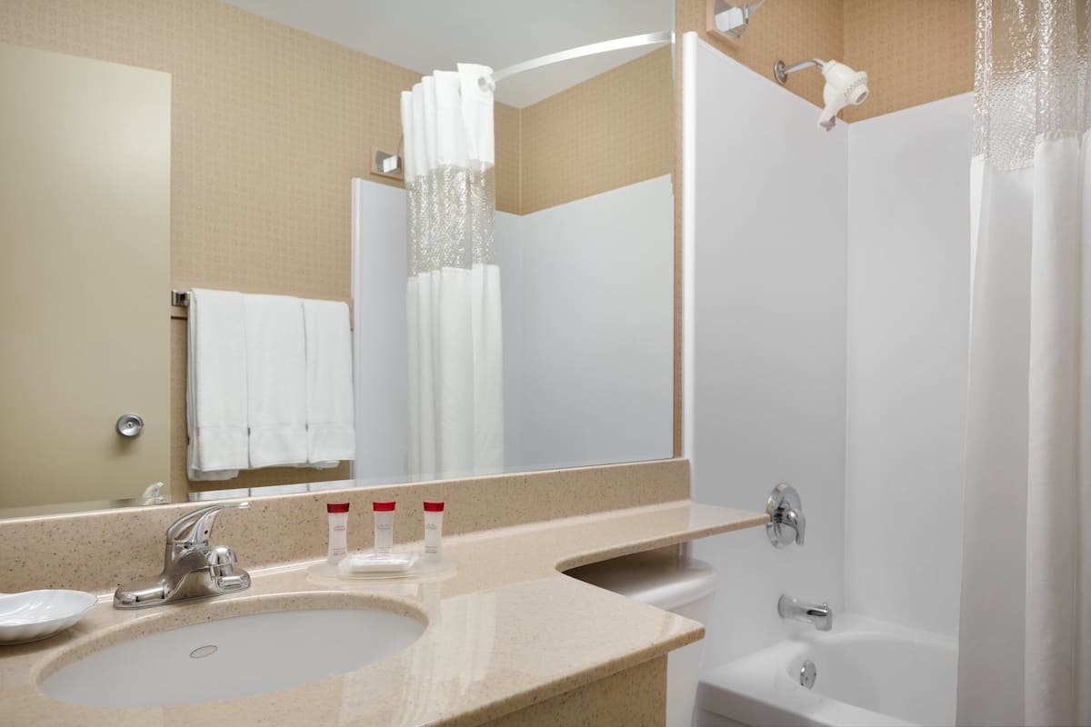 combined shower/bathtub, eco-friendly toiletries, hair dryer, towels