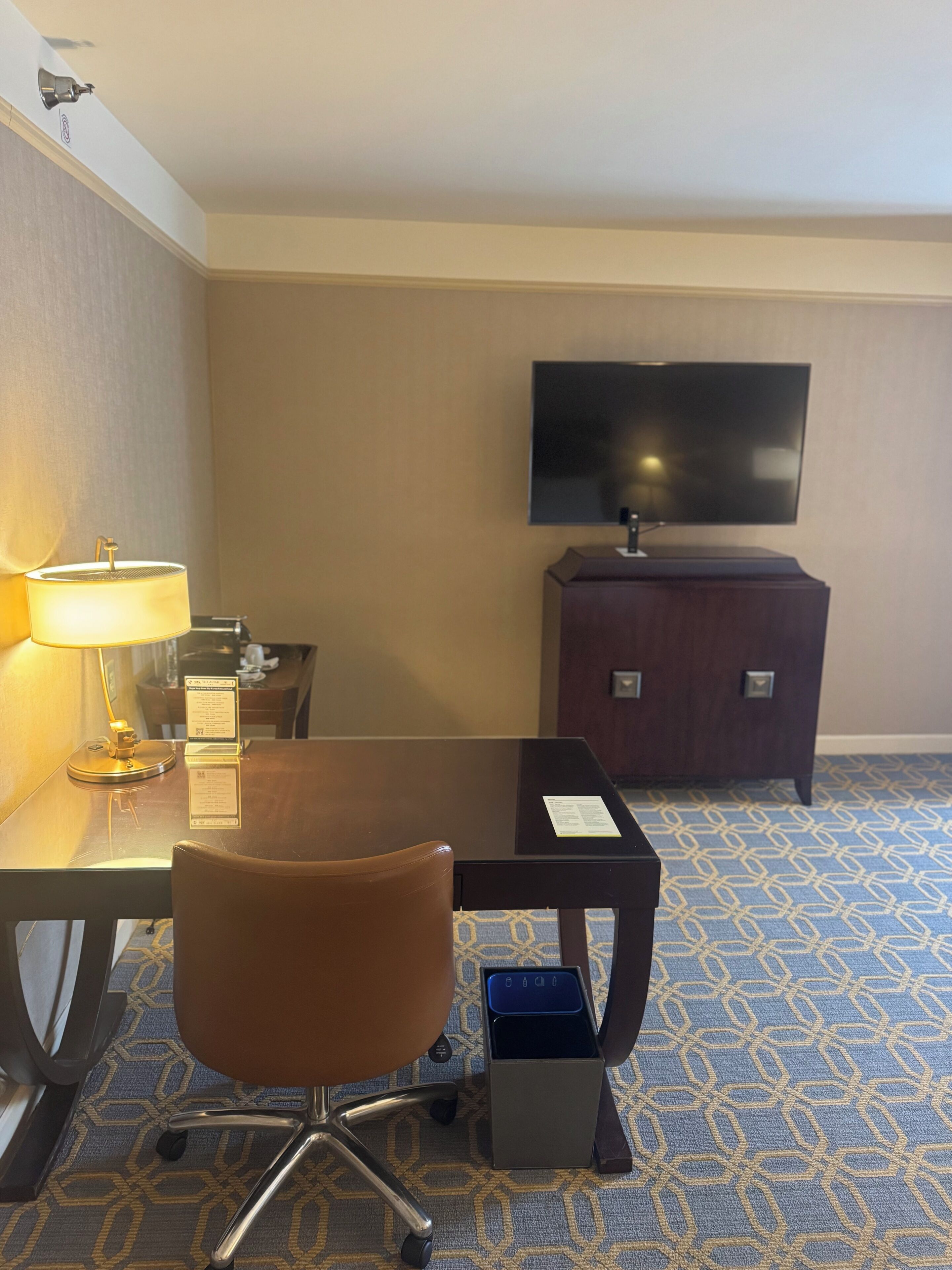 Habitación de hotel con escritorio, silla, televisor y alfombra estampada.