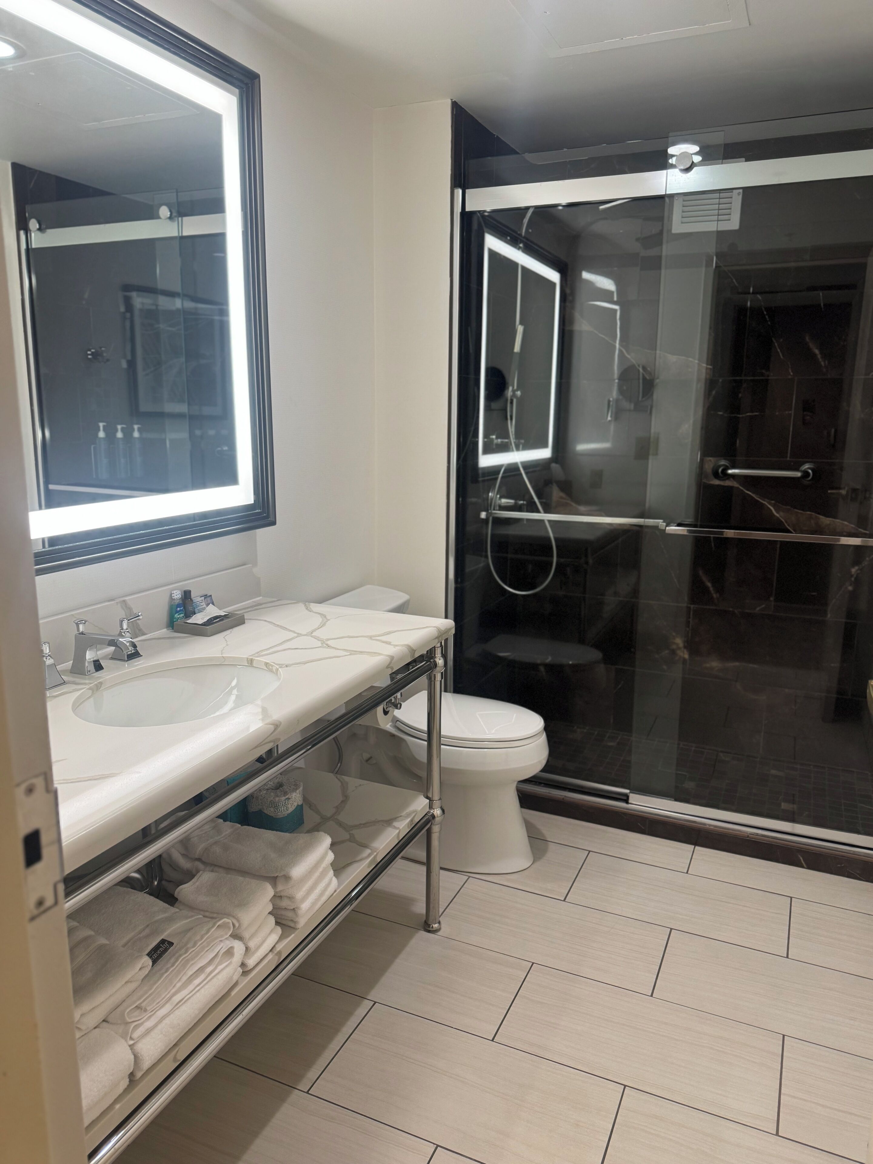 A modern bathroom with a large mirror, two sinks, a toilet, and a glass-enclosed shower.