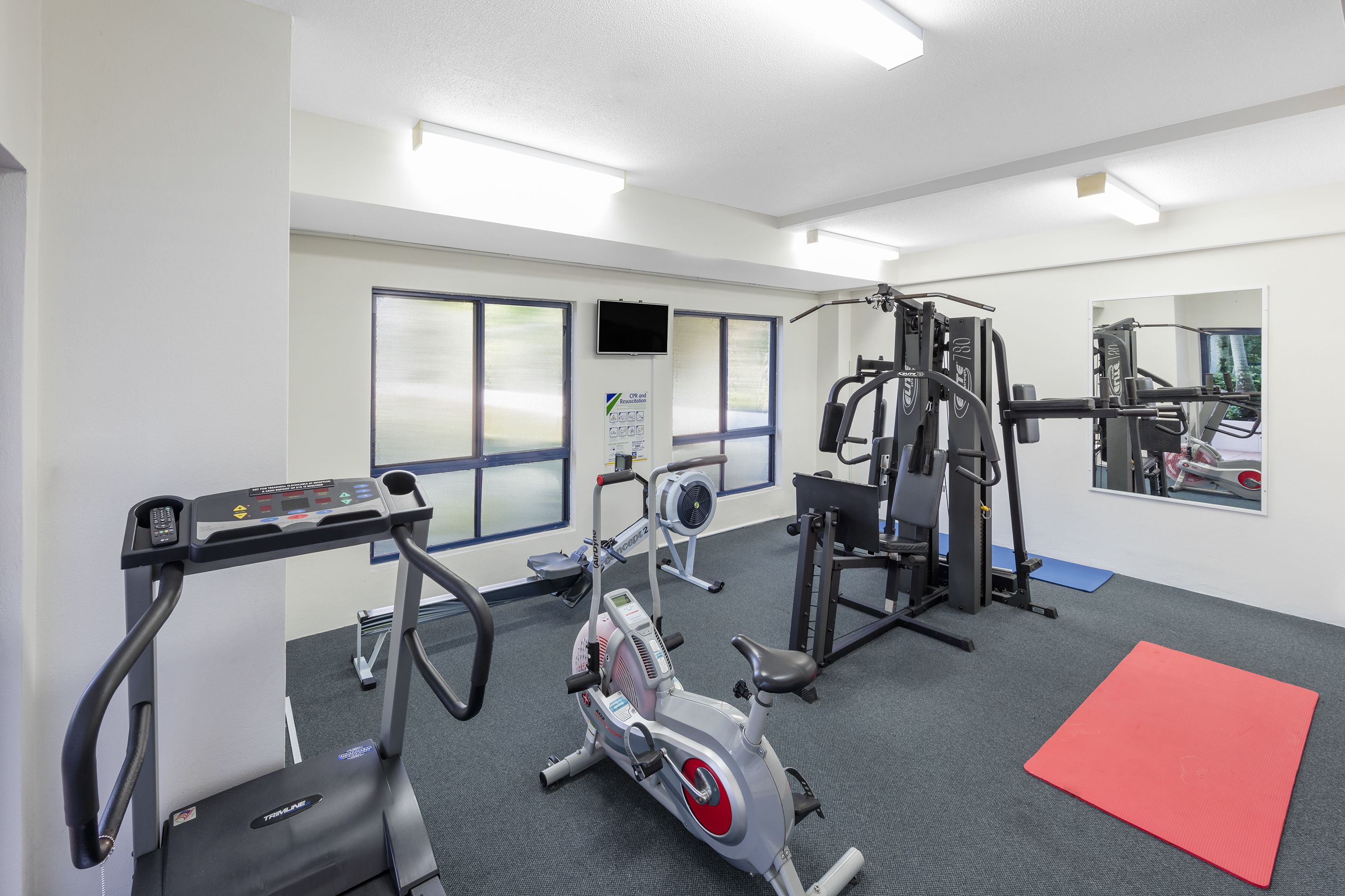 A gym with cardio machines, free weights, and a mirror.