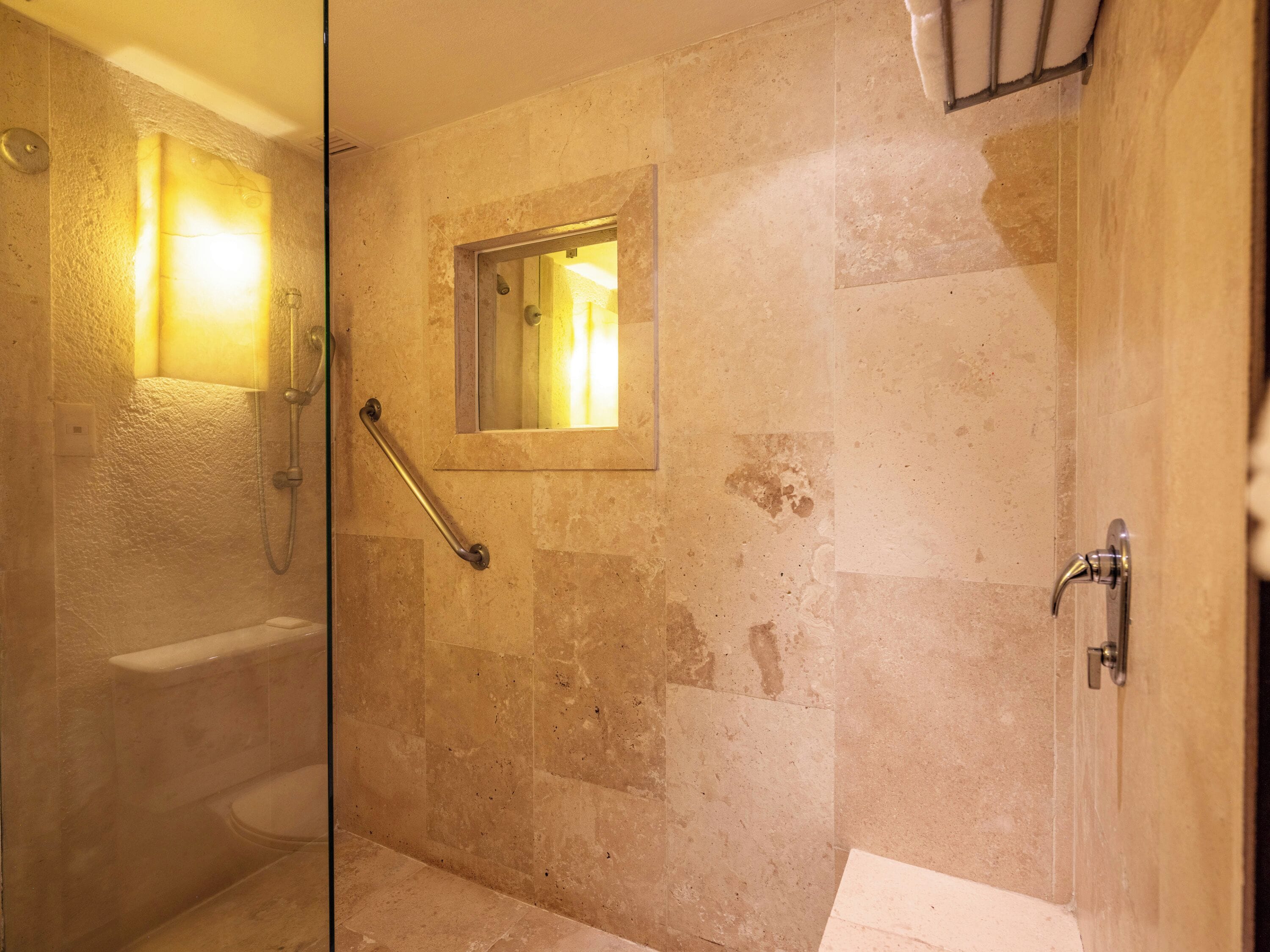 A bathroom with a glass shower enclosure, a handrail, a small mirror, and a toilet.