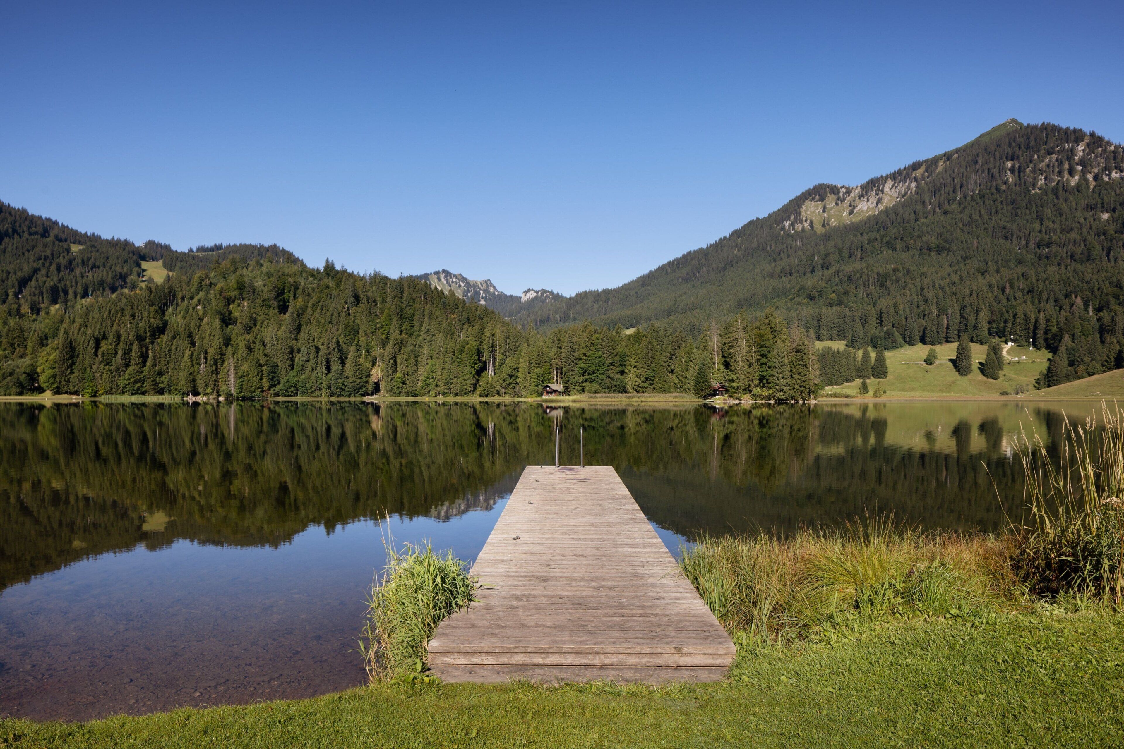 A wooden dock extending into a calm lake surrounded by forested mountains.