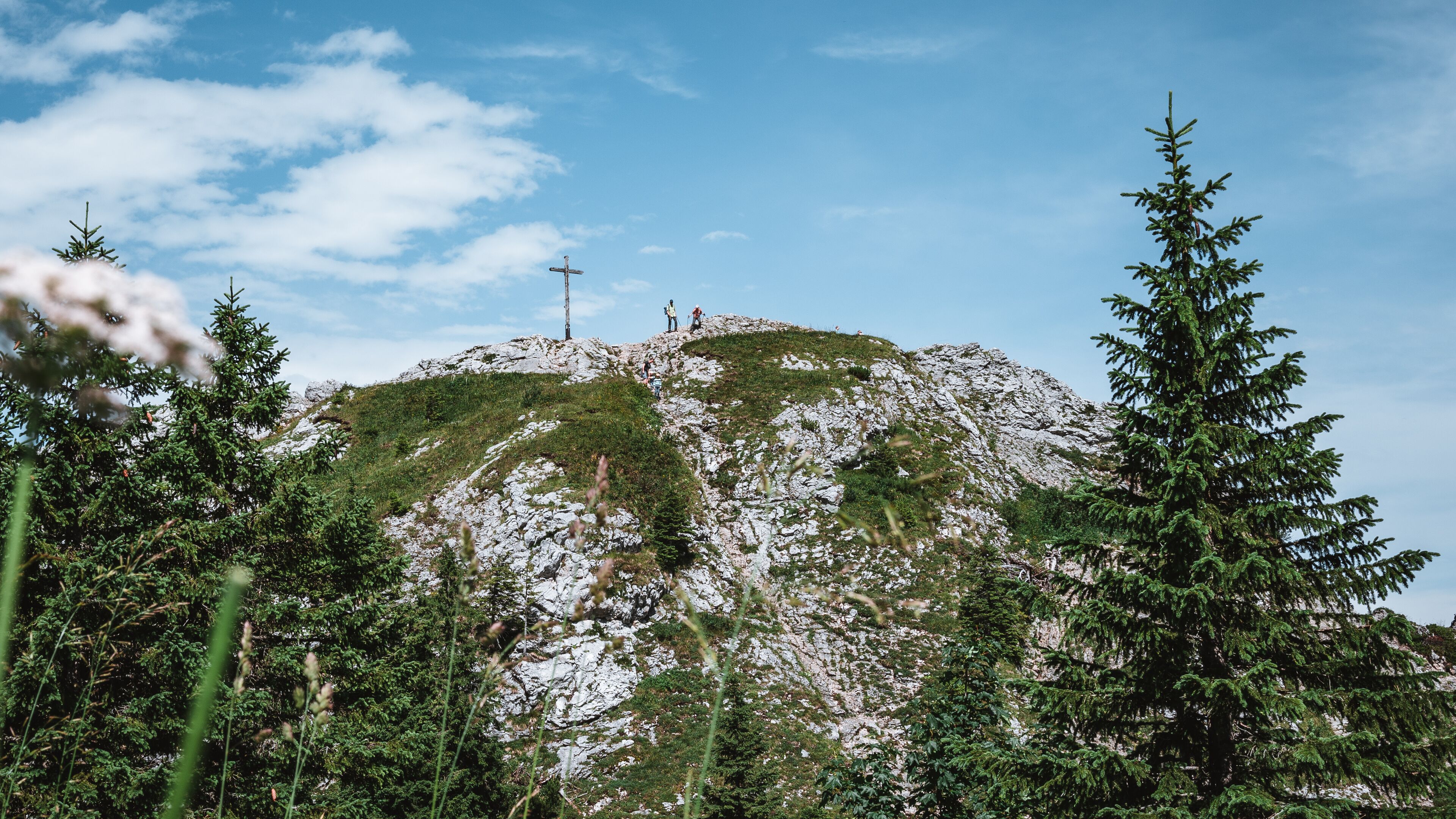 A mountain with a cross on top, surrounded by evergreen trees.