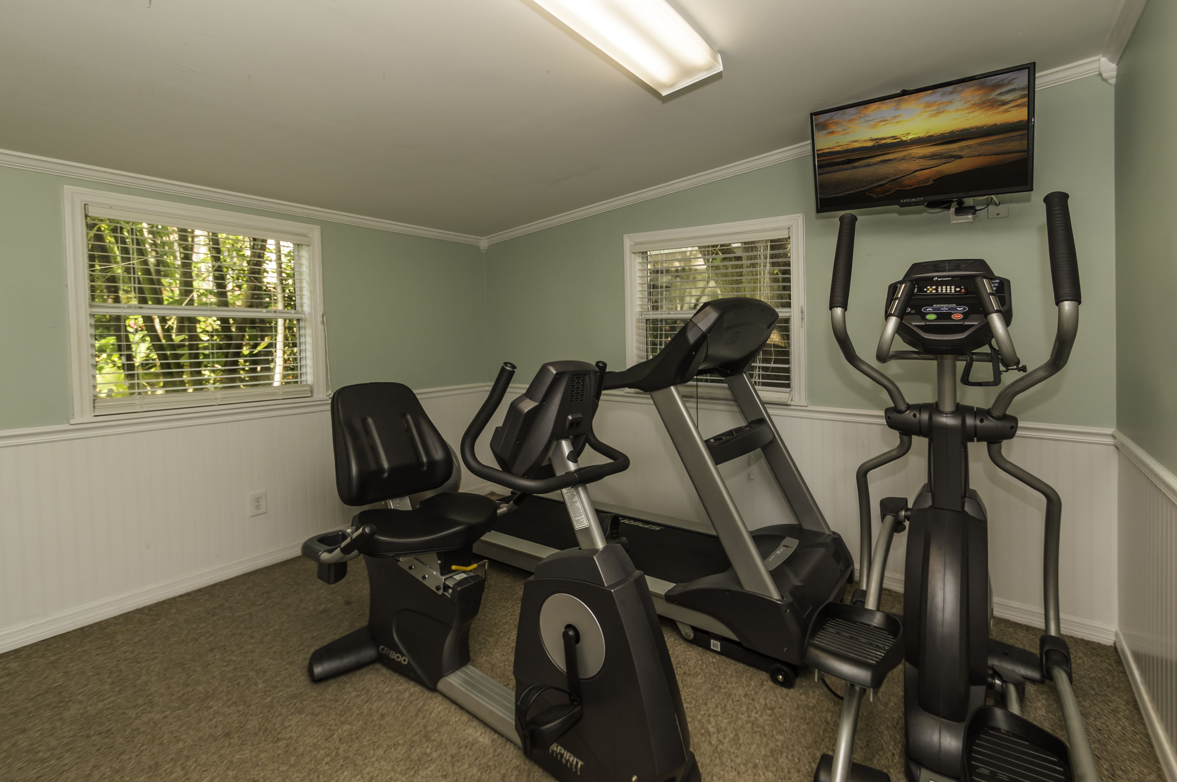 A home gym with two treadmills, one elliptical, and a TV on the wall.