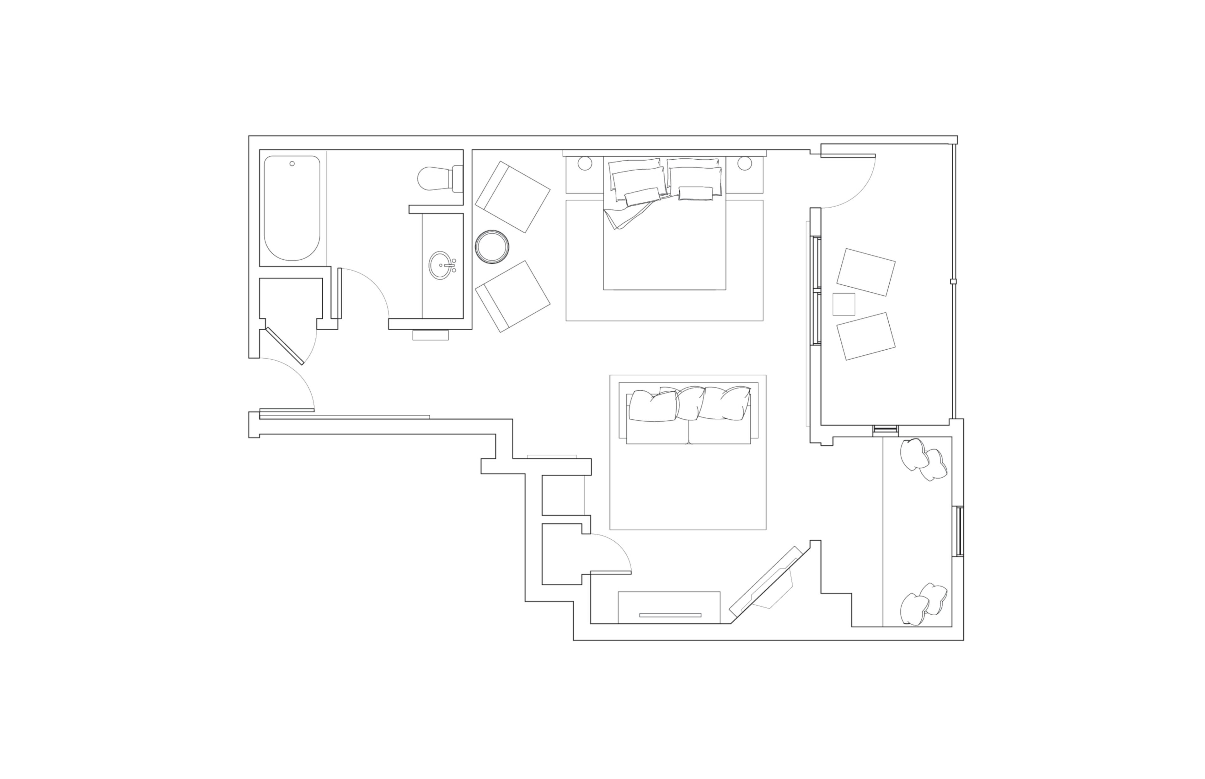 A floor plan of a hotel room with a bathroom, a sitting area, a bed, and a small balcony.
