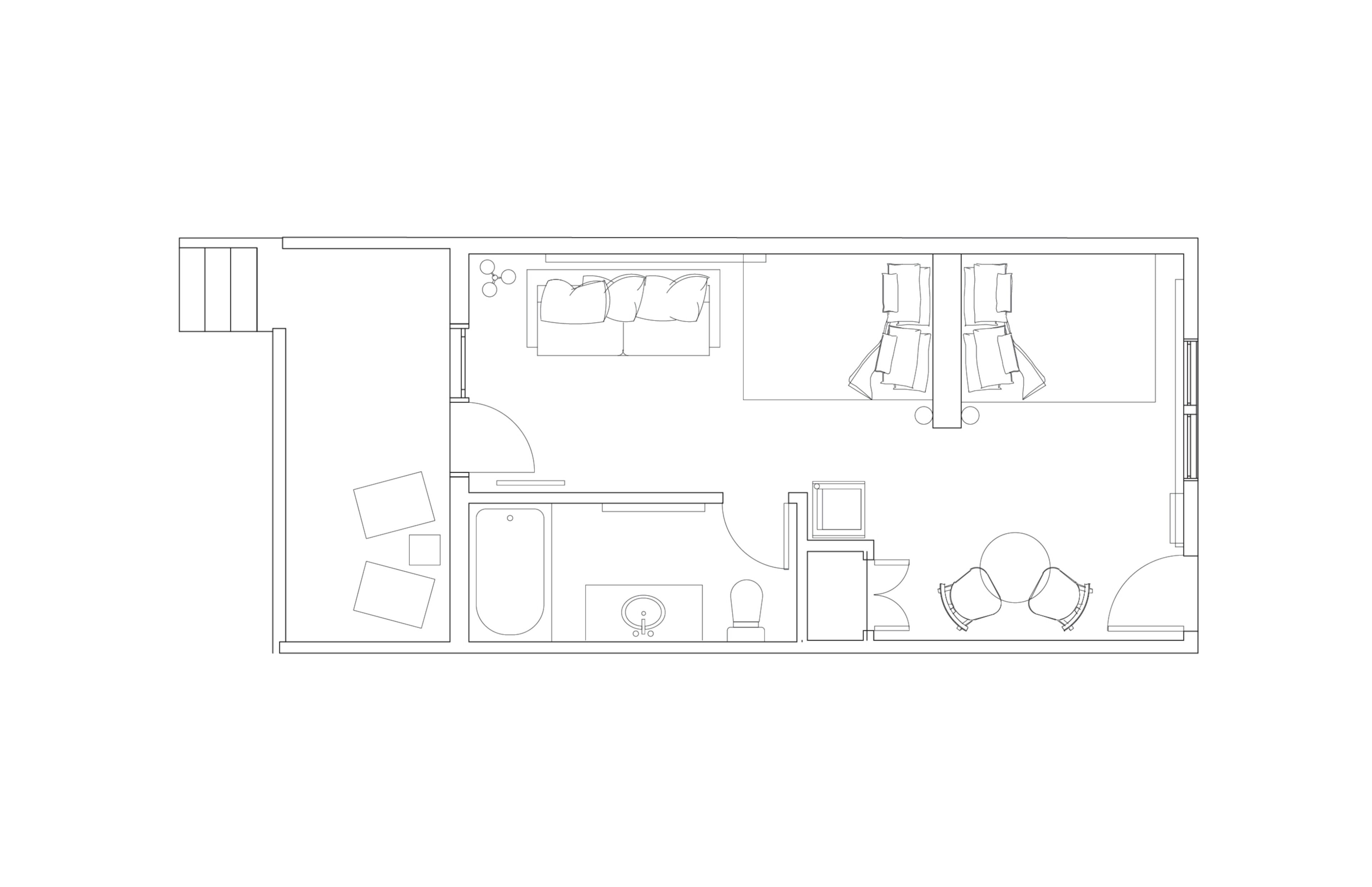 A floor plan of a hotel room with a bed, a desk, a chair, a wardrobe, and a bathroom.