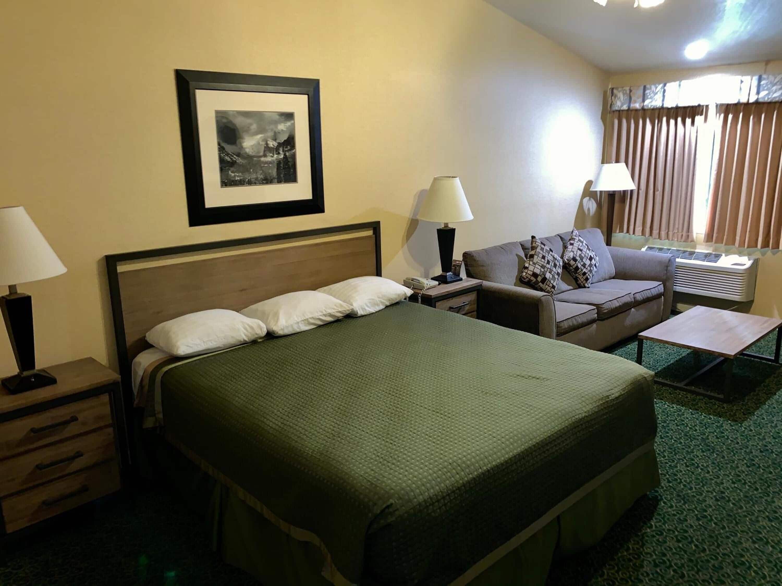 A hotel room with a bed, a sofa, a desk, a lamp, a picture on the wall, and an air conditioning unit.