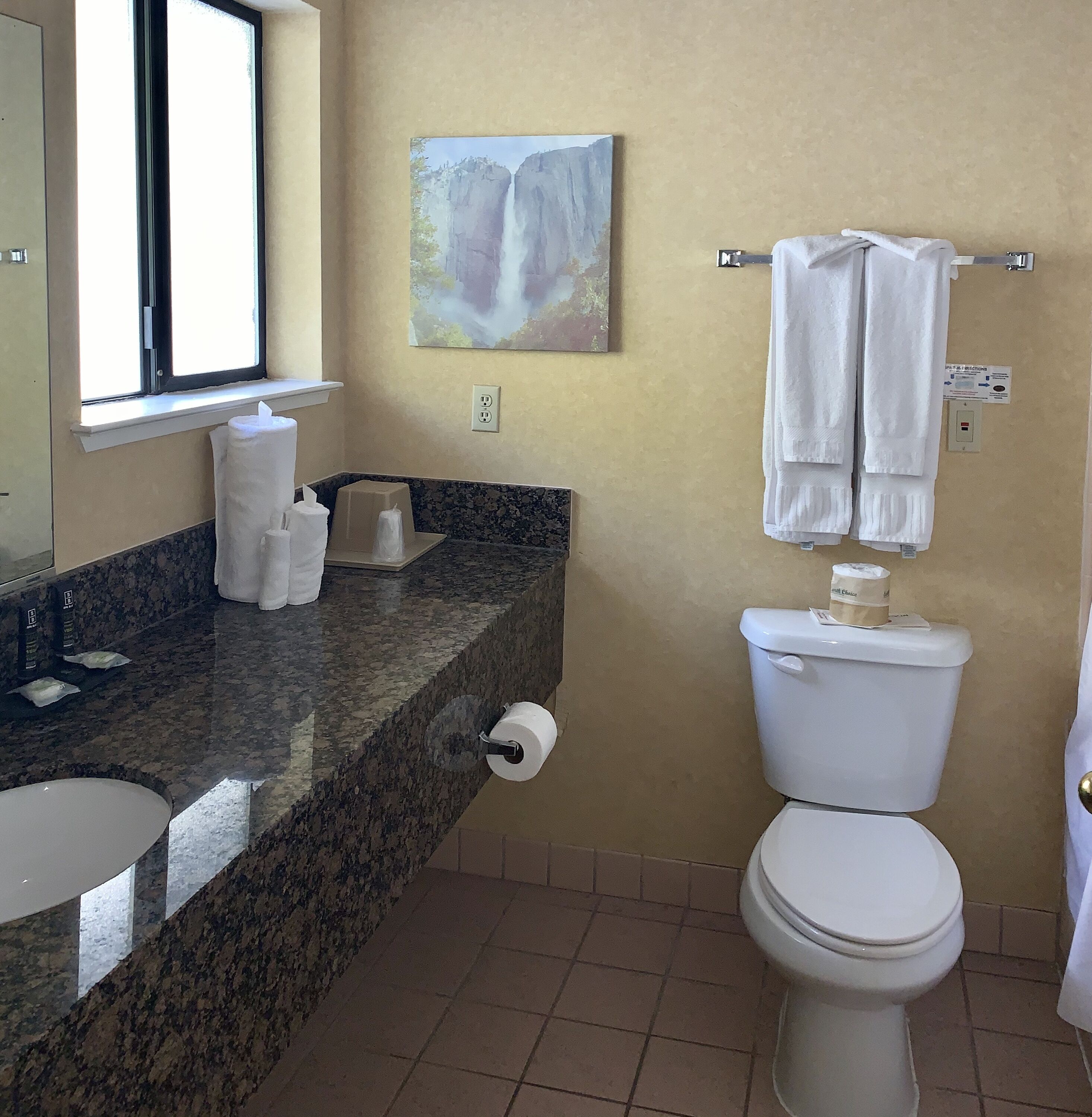 A bathroom with a granite countertop, a toilet, a sink, a window, and a painting on the wall.