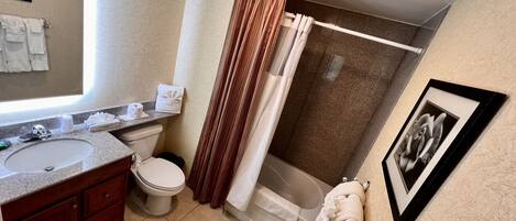 Een badkamer met een wastafel, toilet, douche en een fotolijst aan de muur.