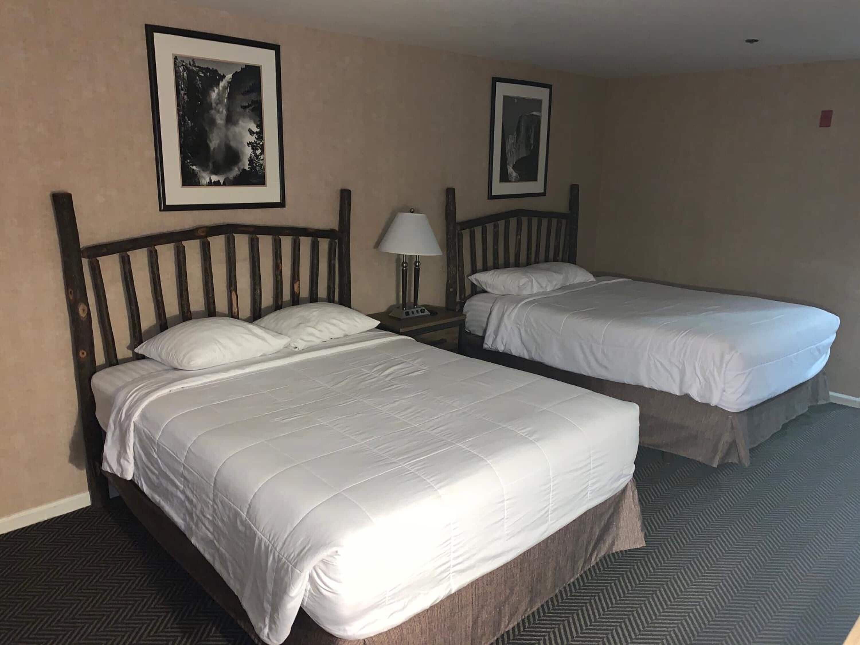 Une chambre d’hôtel avec deux lits simples, une table de chevet avec une lampe et deux tableaux encadrés au mur.