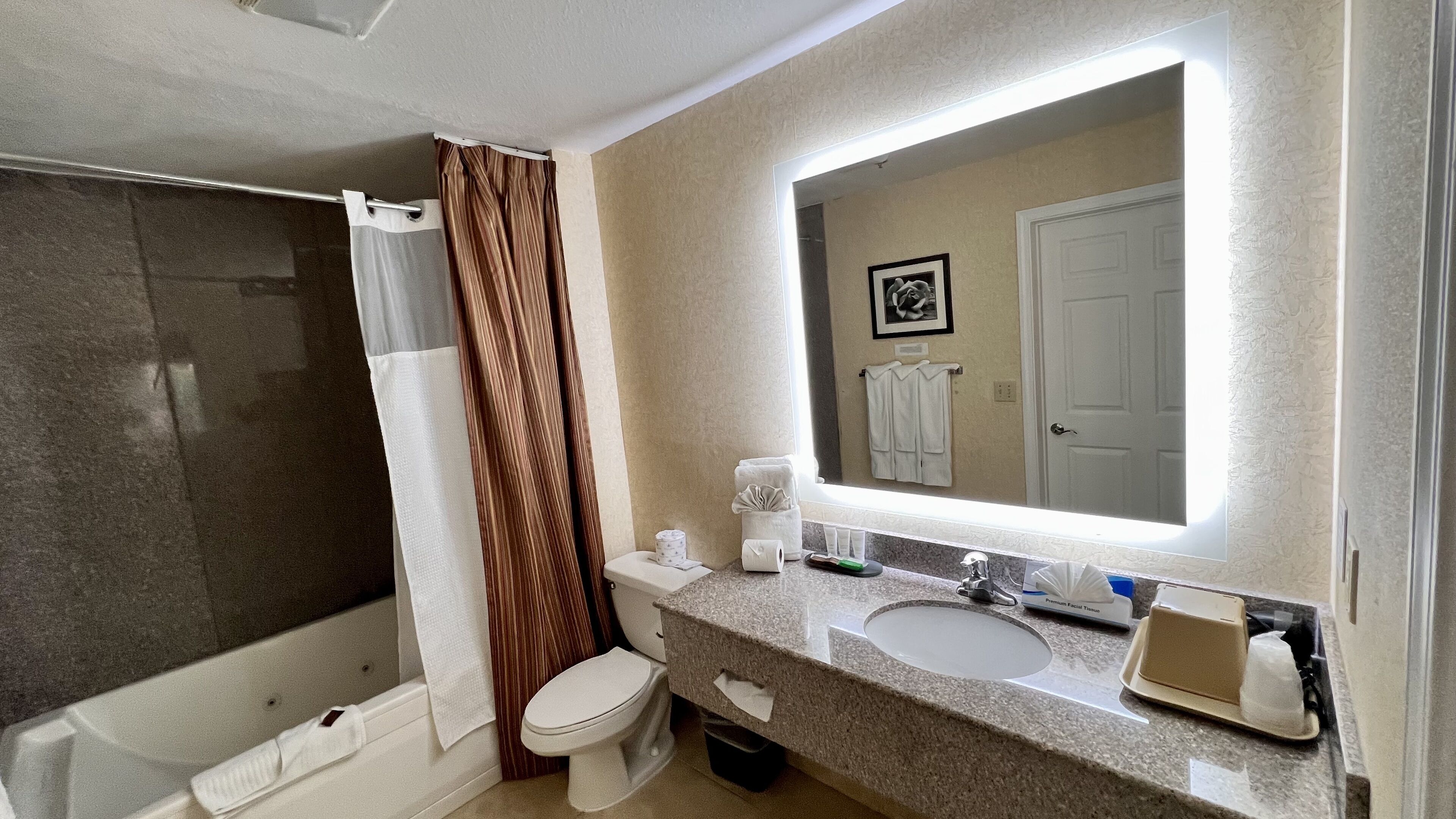 Un baño con bañera, inodoro y un espejo grande sobre el lavabo.