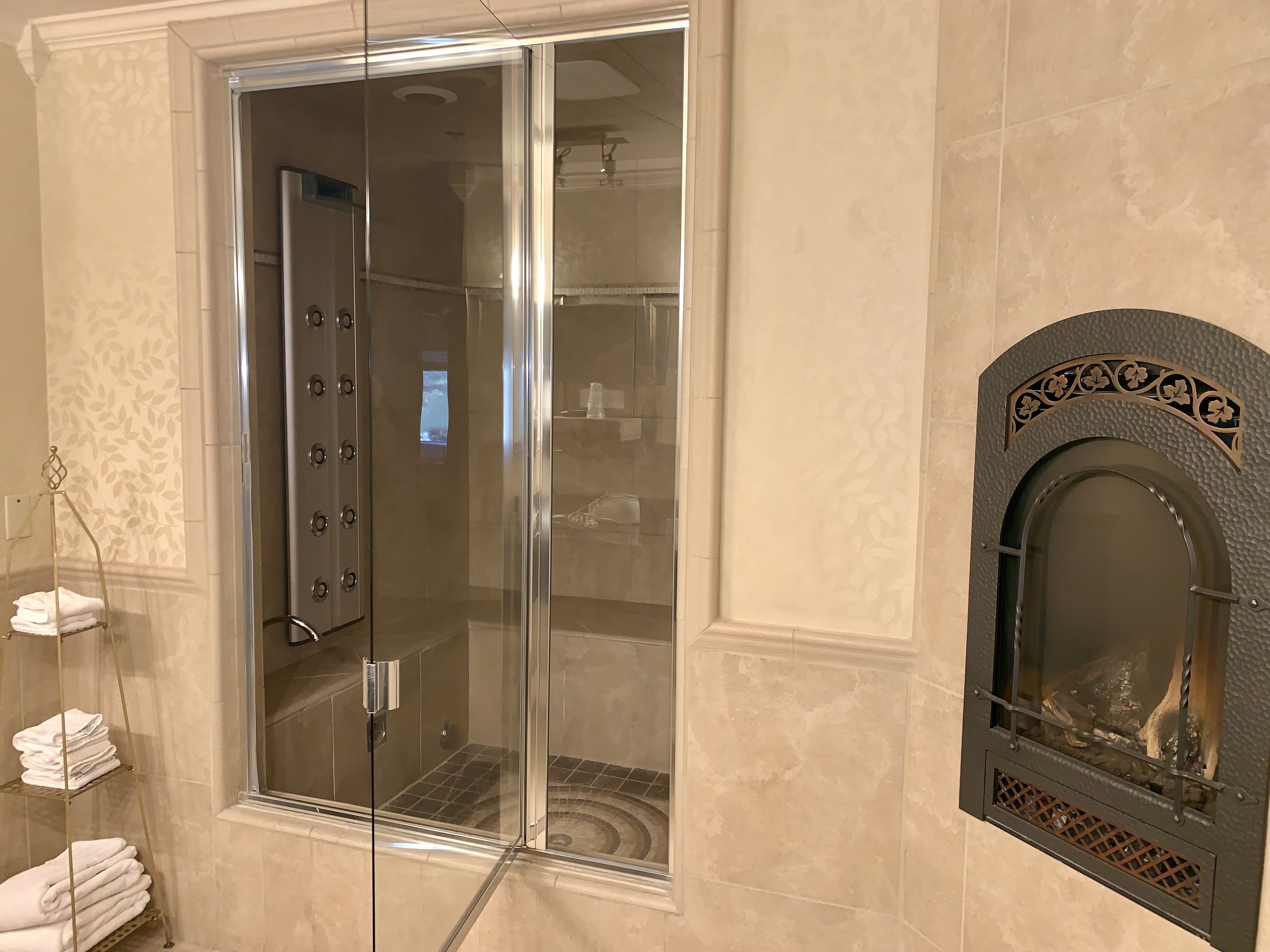 A shower with a glass door, a towel rack, and a fireplace.