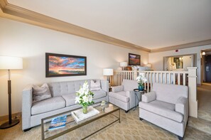 Room, 1 King Bed (Premier Bay View Suite) | Living area | Flat-screen TV, fireplace, DVD player